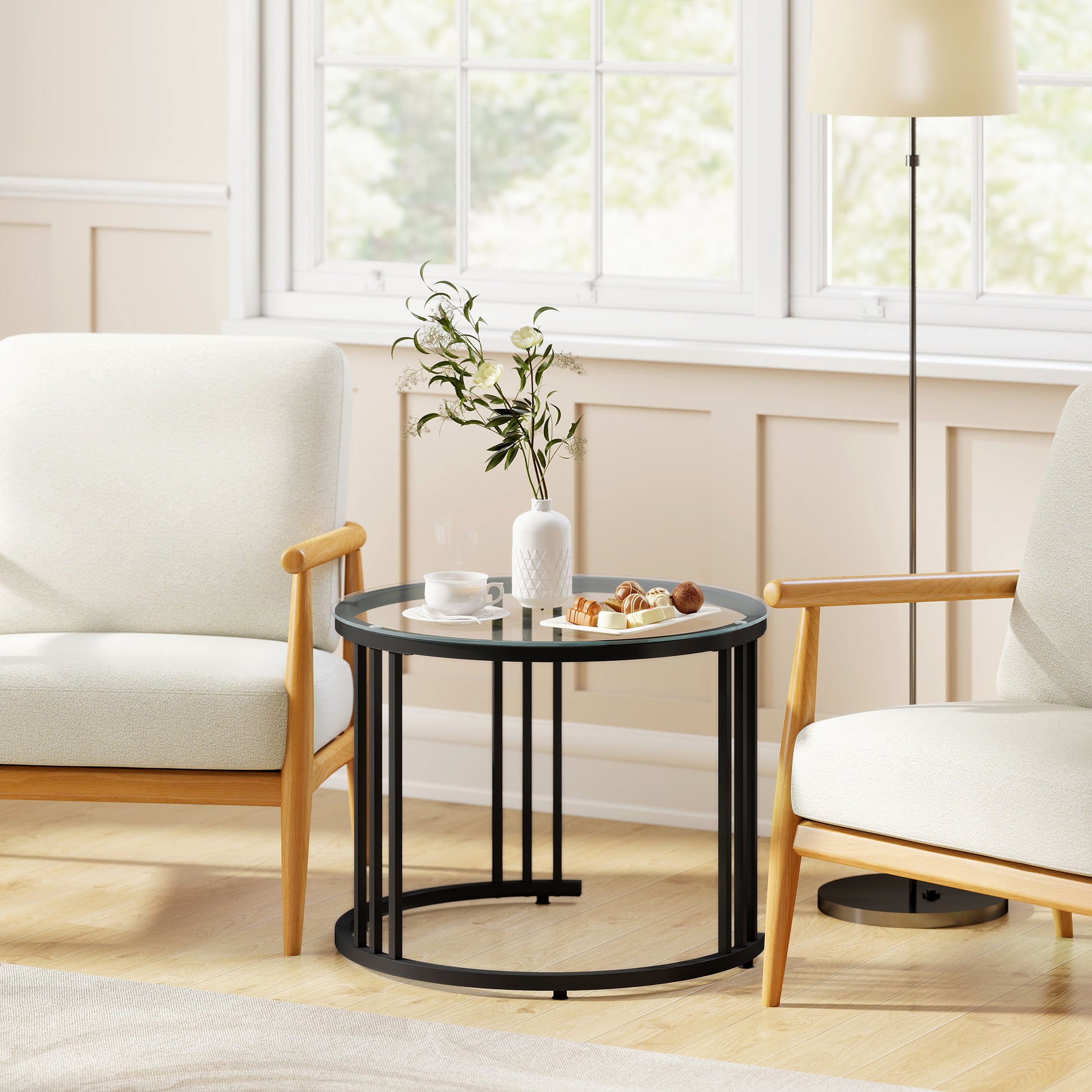 HOMCOM Round Coffee Tables Set of 2, Nesting Tables with Tempered Glass Top and Steel Frame, Black