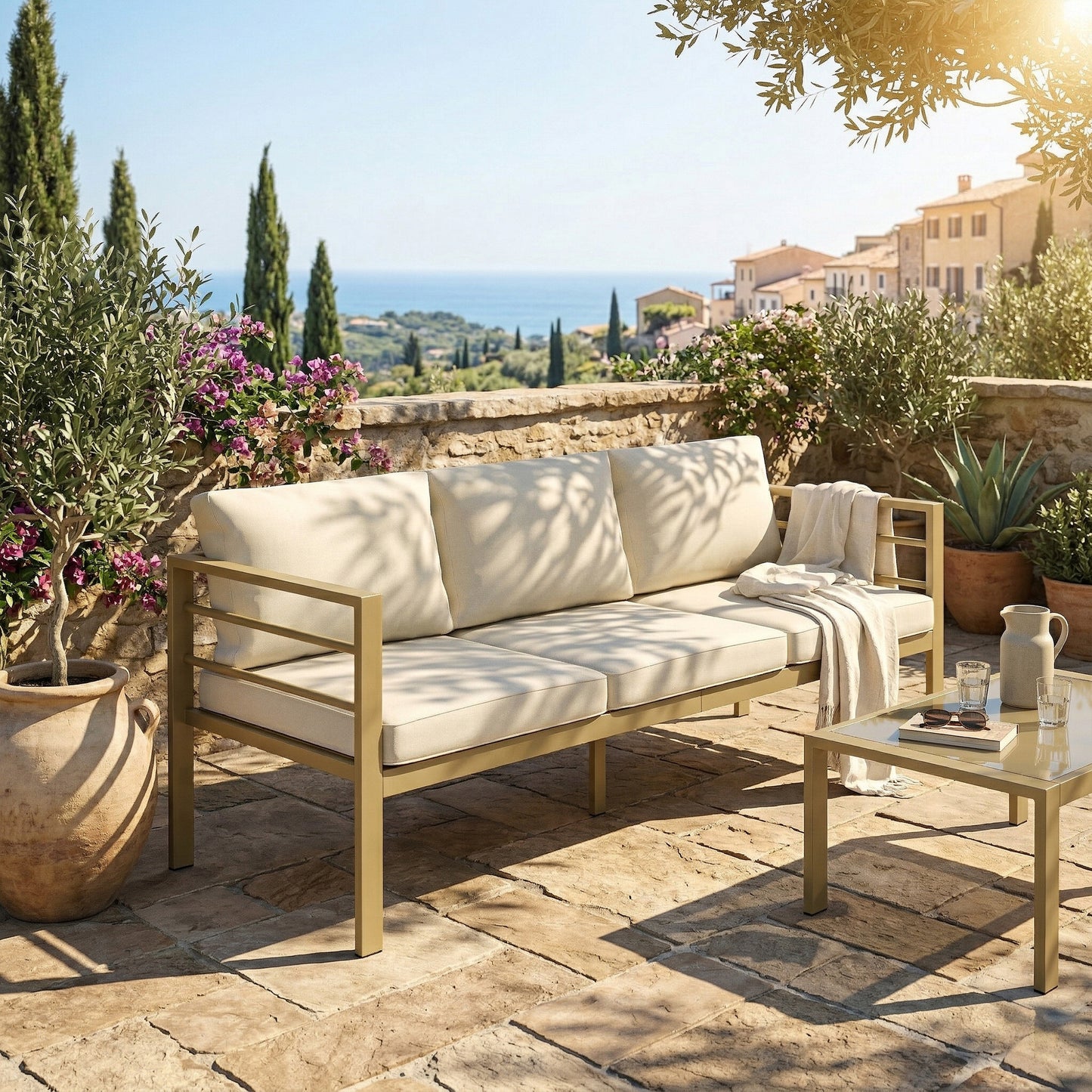 Outsunny Garden Bench with Cushions, 3-Seater Sofa with Backrest, Armrest and Back Cushions, 185 x 66 x 64cm, Cream White