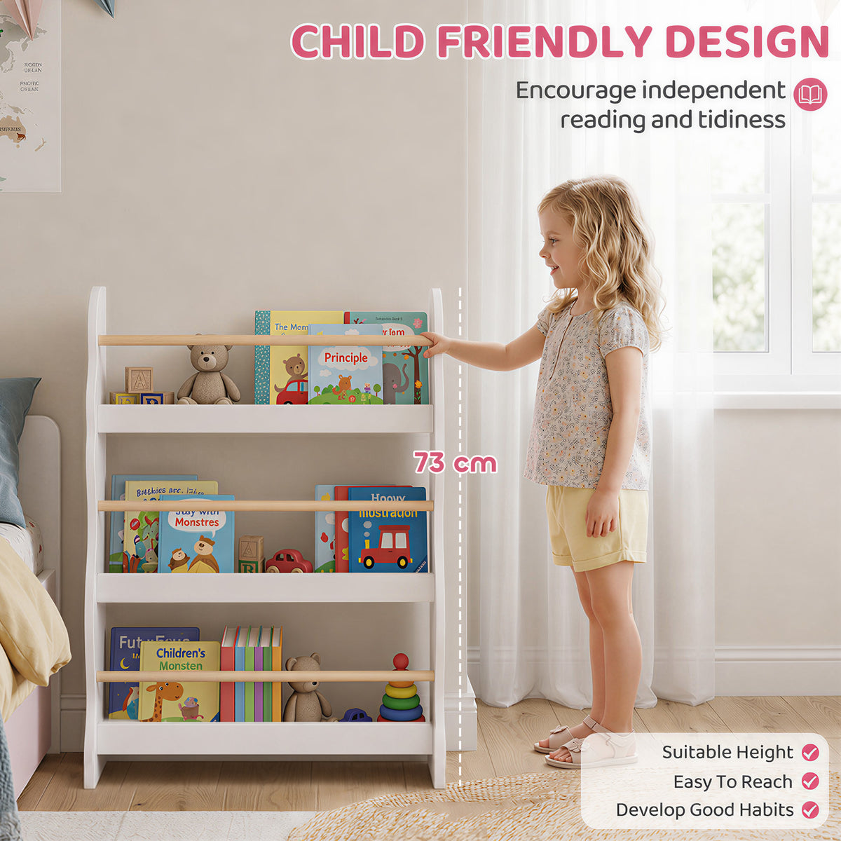 AIYAPLAY 3-Tier Kids Bookshelf Wall Mounted, Kids Bookcase for Playroom, Living Room for Toddlers and Children Aged 3-8, White