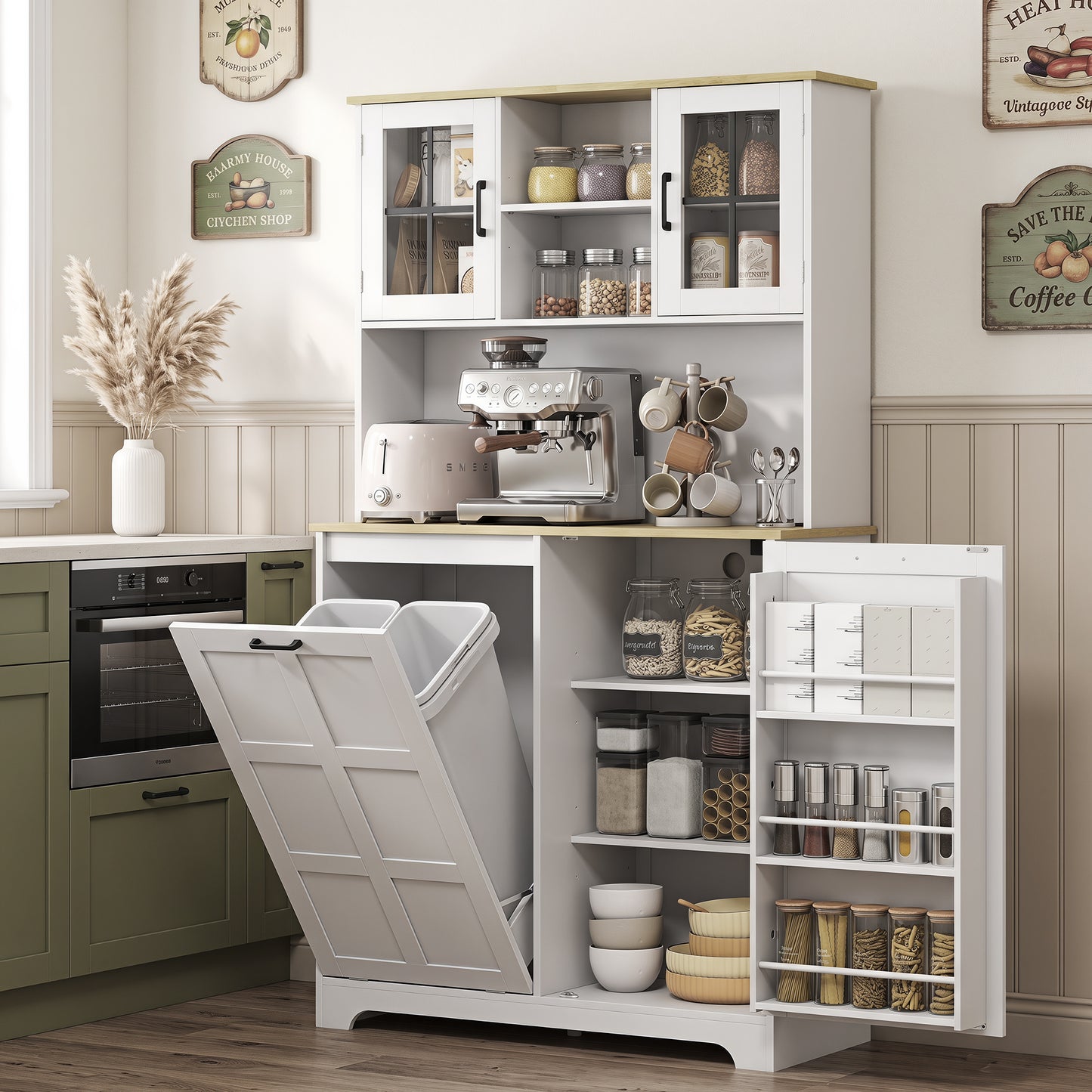 HOMCOM 175cm Tall Kitchen Cabinet, Kitchen Cupboard with Rubbish Bin Cabinet, 3 Door Shelves and 2 Acrylic Doors, White