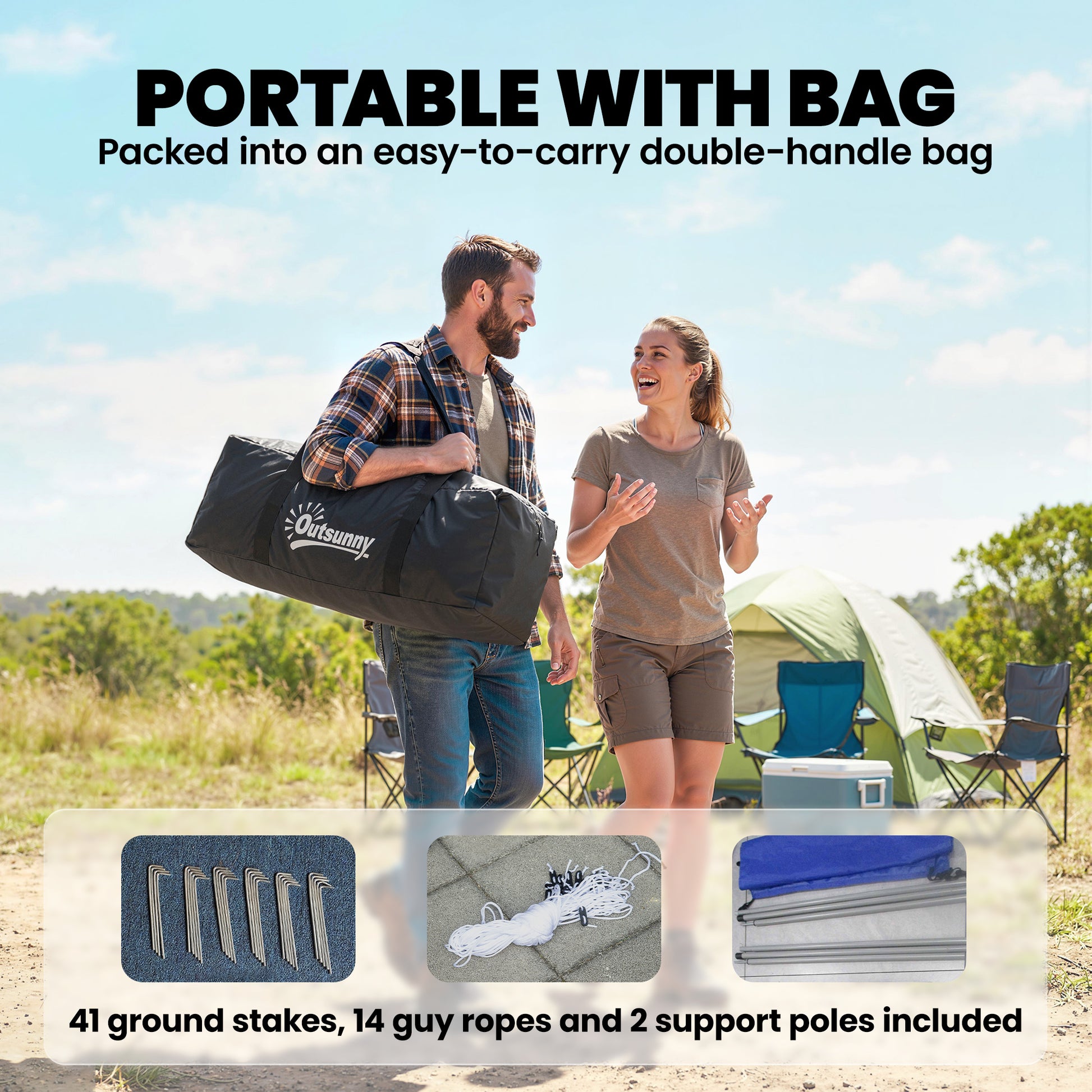 Outsunny 6-9 Man Large Tunnel Tent with 3 Bedrooms, Living Area and Porch, Stand-up Camping Tent, Portable with Bag, Light Grey