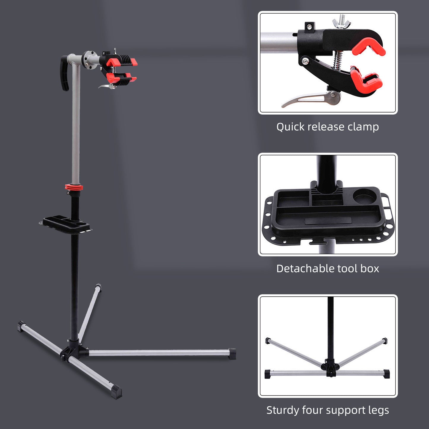 HOMCOM Bike Repair Stand Workstation, Bicycle Maintenance Workstand, Height Adjustable, with Tool Tray & 360Â° Rotating Adjustable Clamp for Home Mechanic Workshop