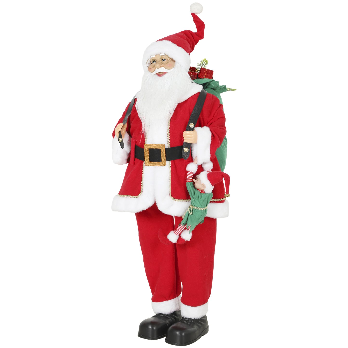 HOMCOM 4ft Singing Dancing Santa Claus, Standing Christmas Animated Santa Figure with Sack, Hanging Elf, Sound/Touch Activated