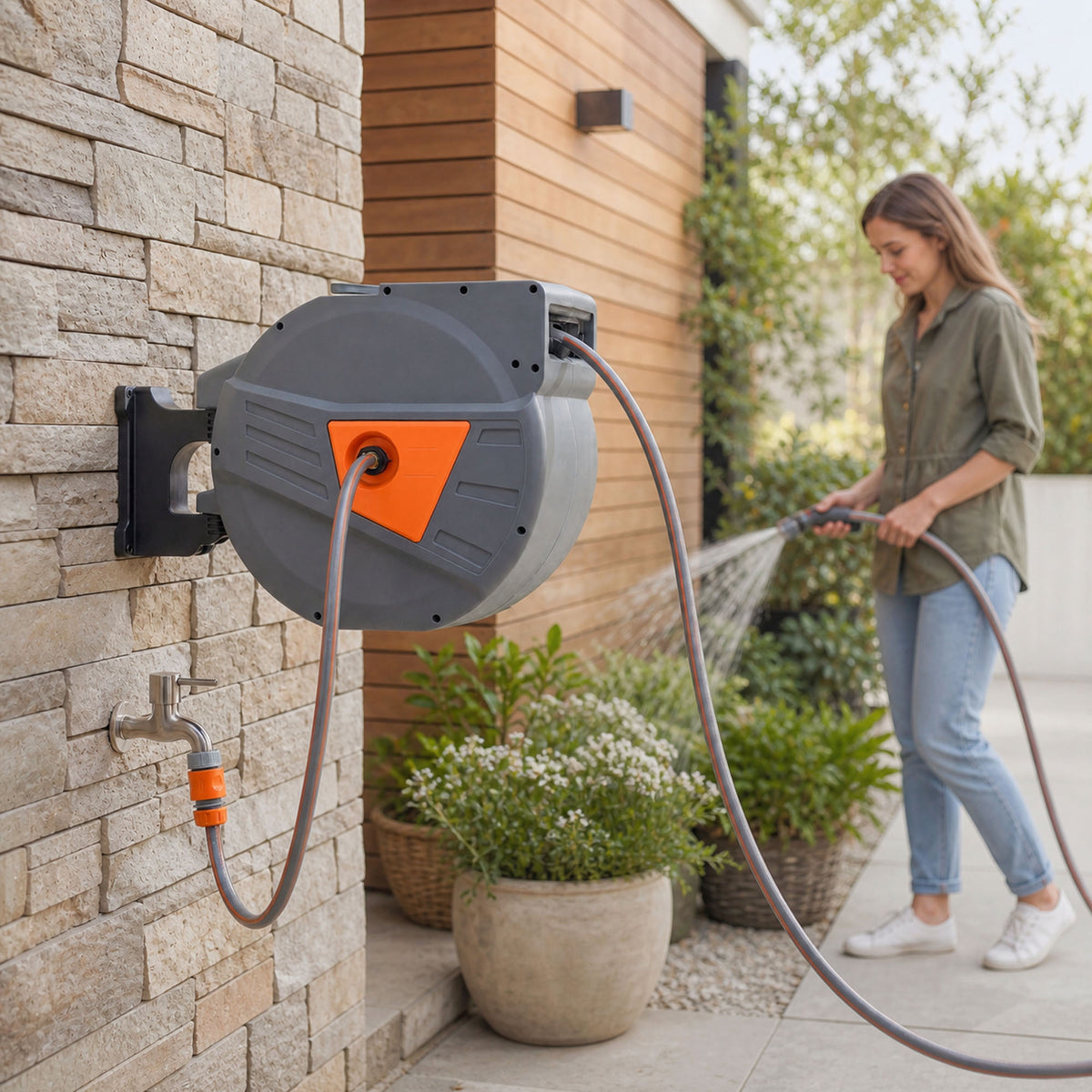 Outsunny Retractable Hose Reel Wall Mounted, 40+2m Garden Hose Pipe Reel with Auto Retraction, Self-Locking, Orange