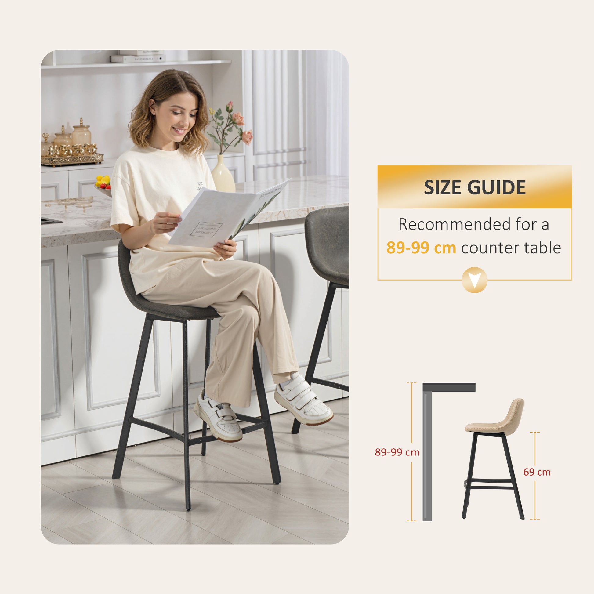 HOMCOM Bar Stools Set of 2, PU Leather Dining Stools with Backrest, Footrest, for Kitchen, Counter, Breakfast Bar, Grey