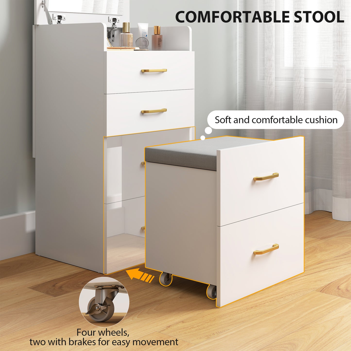 HOMCOM 3 in 1 Dressing Table with Flip-top Mirror and Rolling Stool, Modern Vanity Desk with Visible Glass Tabletop, Drawers and Side Hook, Makeup Table with Cushioned Storage Stool for Bedroom, White