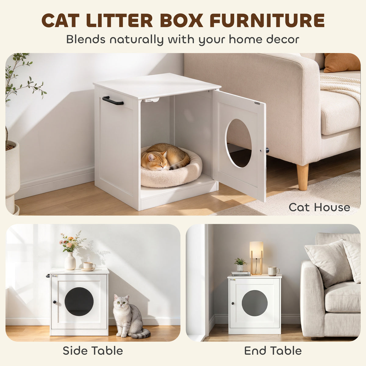 PawHut Cat Litter Box Enclosure, Hidden Litter Box Furniture with Side Hook, Wooden Cat Washroom Storage Cabinet, White