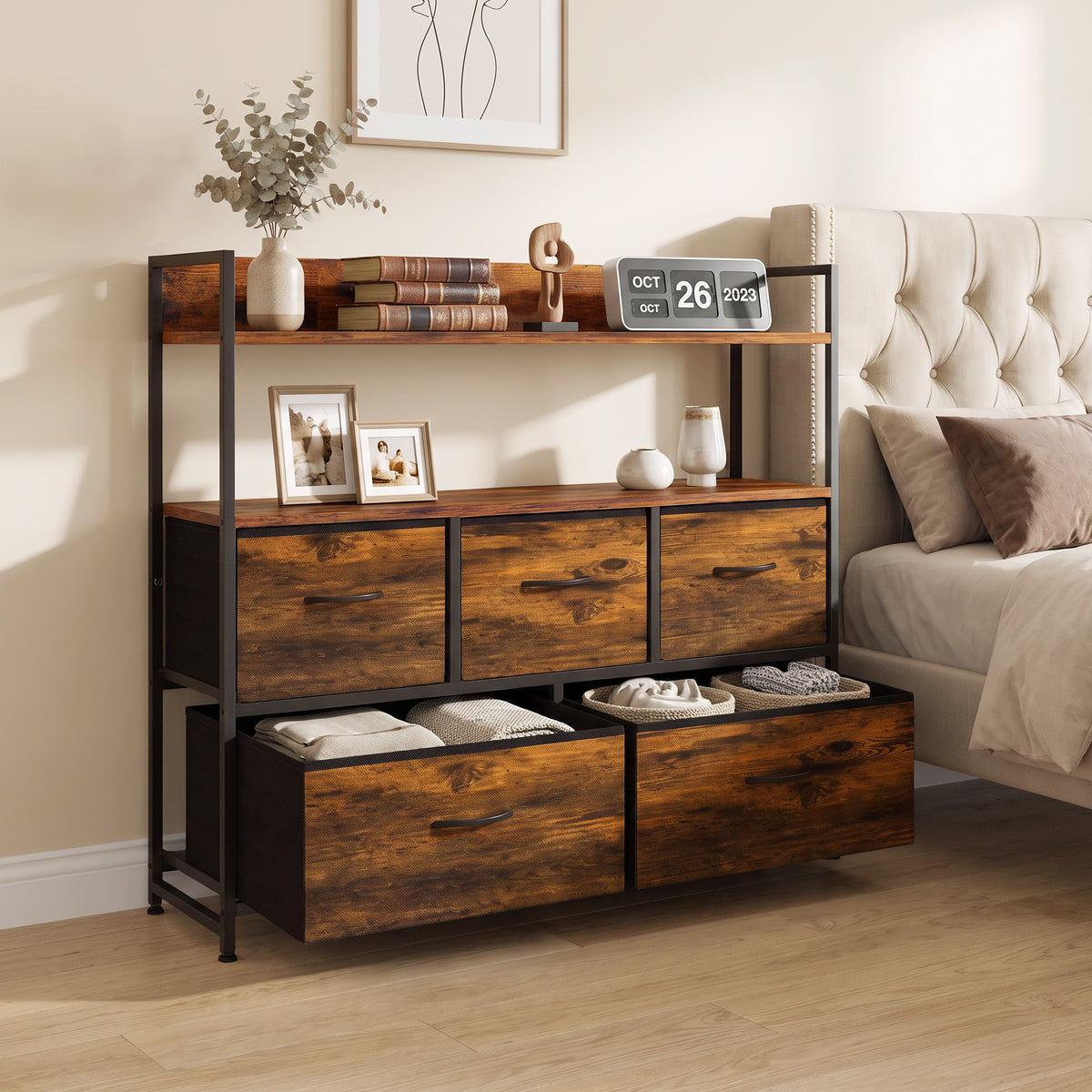 HOMCOM Chest of Drawers, Bedroom Fabric Dresser with 5 Drawers, Storage Organiser Unit with Open Shelves, Rustic Brown
