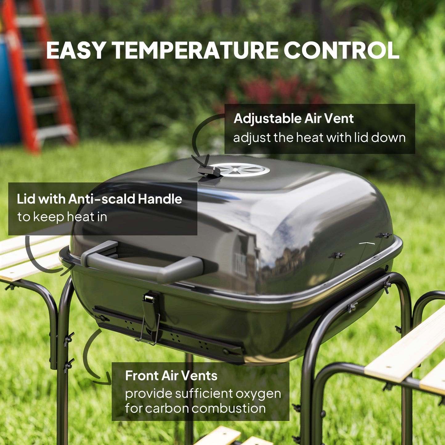 Outsunny Charcoal Barbecue Grill Portable BBQ Grill with 1840 cmÂ² Cooking Area, 3 Shelves, Adjustable Vent, Lockable Lid, Wheels for Outdoor Cooking, Garden Party, Black