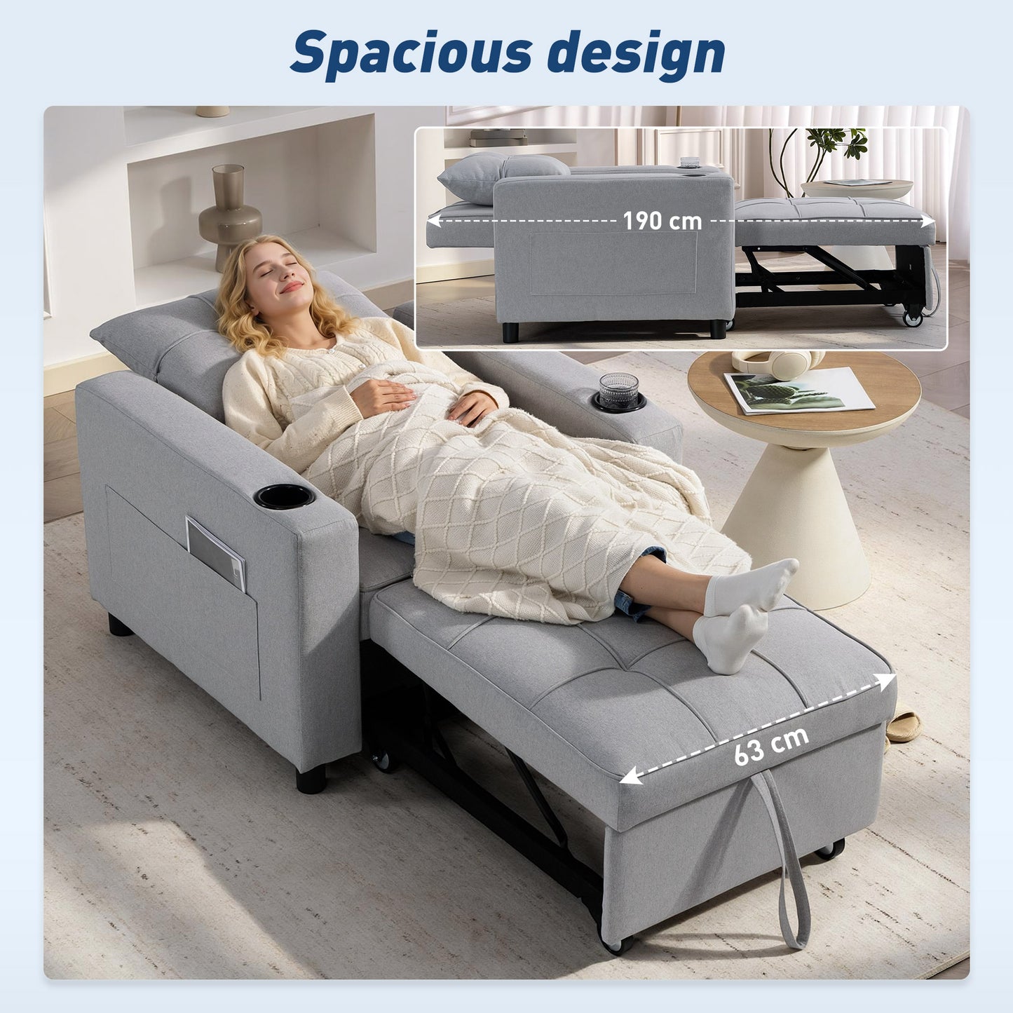 HOMCOM 3-in-1 Single Sofa Bed, Convertible Sleeper Chair Bed - Light Grey