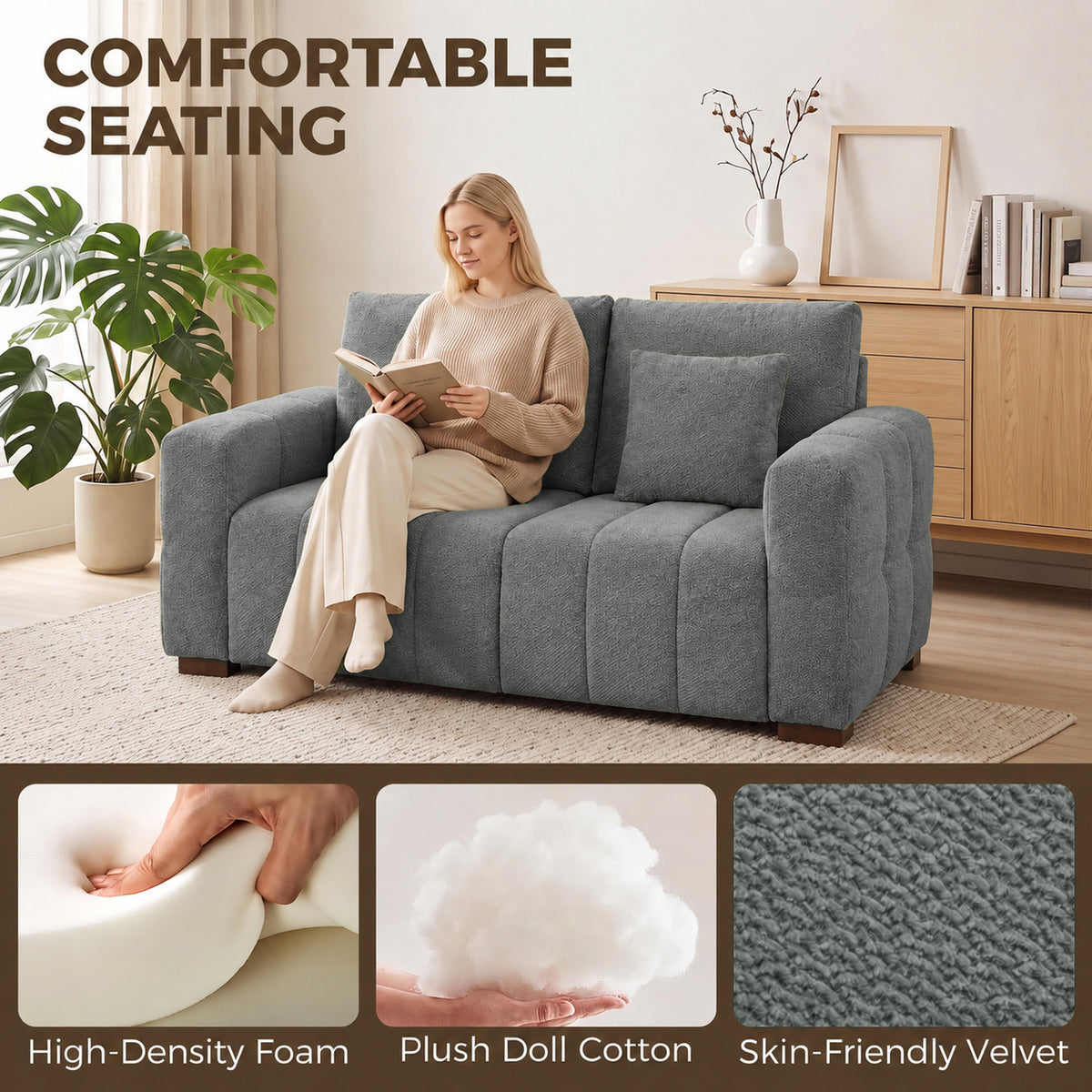 HOMCOM 2 Seater Sofa, Upholstered Velvet Small Couch for Bedroom with Pillows, Padded Cushion and Wood Legs, Grey