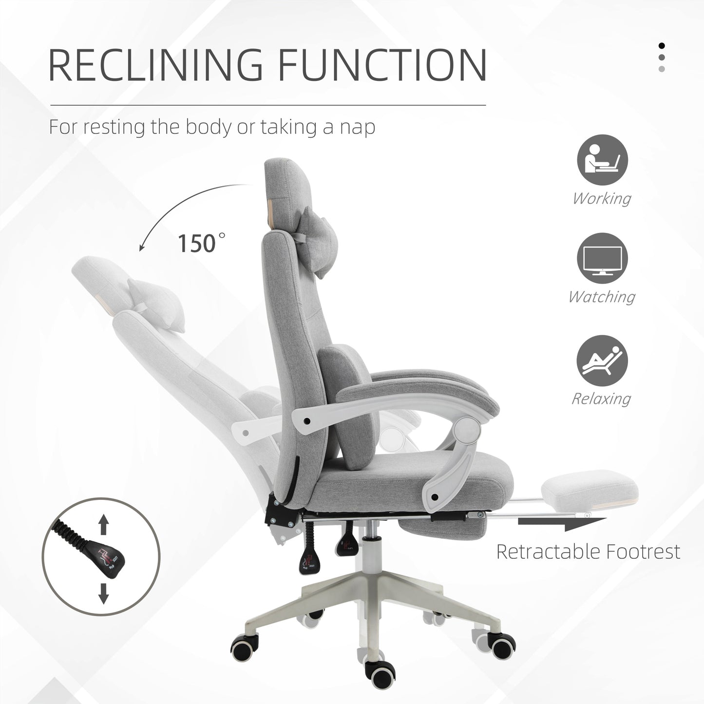 Vinsetto Office Chair, Ergonomic Desk Chair, High Back Fabric Work Chair with 160Â° Reclining Backrest, Retractable Footrest, Neck and Lumbar Pillow for Home and Study, Grey