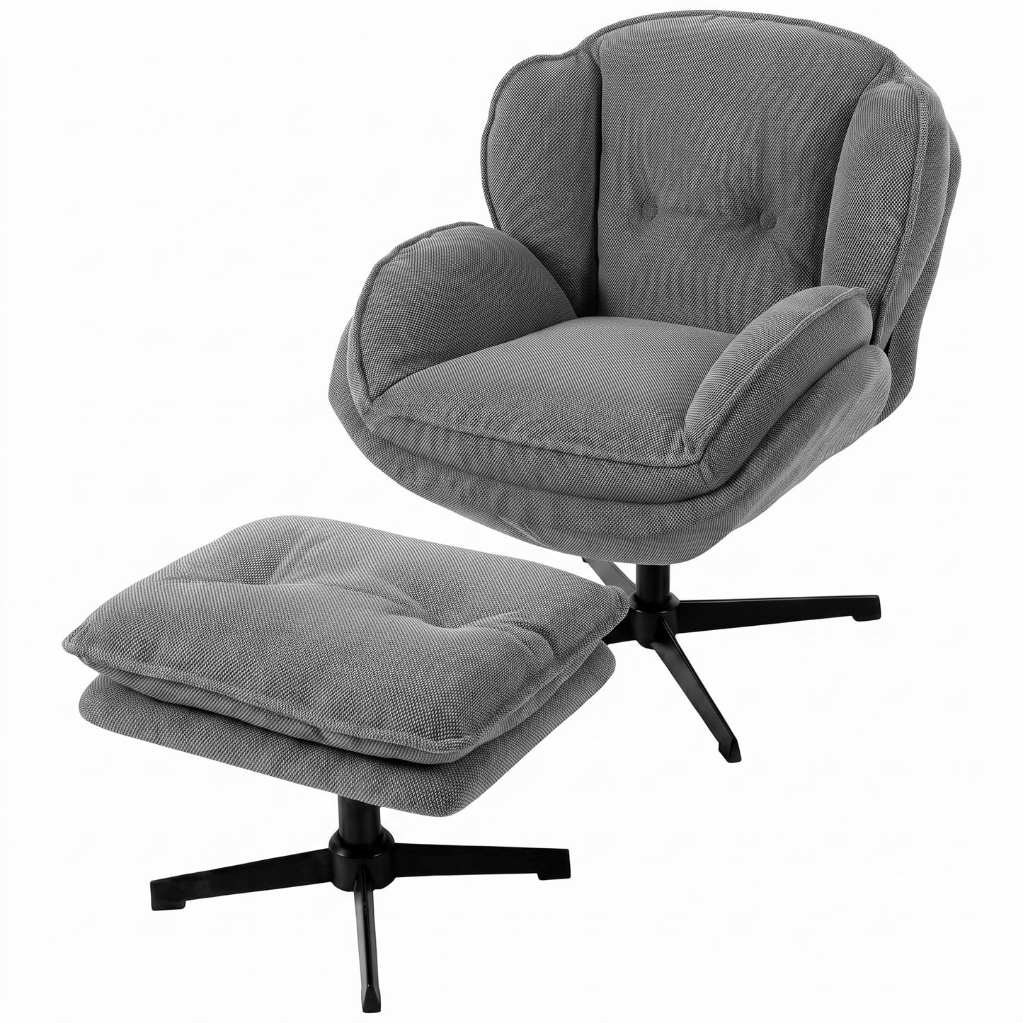HOMCOM Armchair with Adjustable Footstool, 360Â° Swivel Chenille Cloud Accent Chair with Thick Cushion, Steel Base, Grey