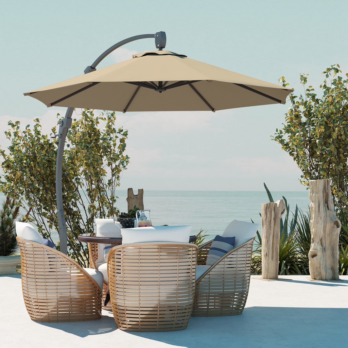 Outsunny 3(m) Garden Cantilever Parasol, Round Overhanging Umbrella with Crank Handle, Cross Base, Aluminium Frame and 360Â° Rotation, Banana Patio Umbrella for Outdoor Sun Shade, Khaki