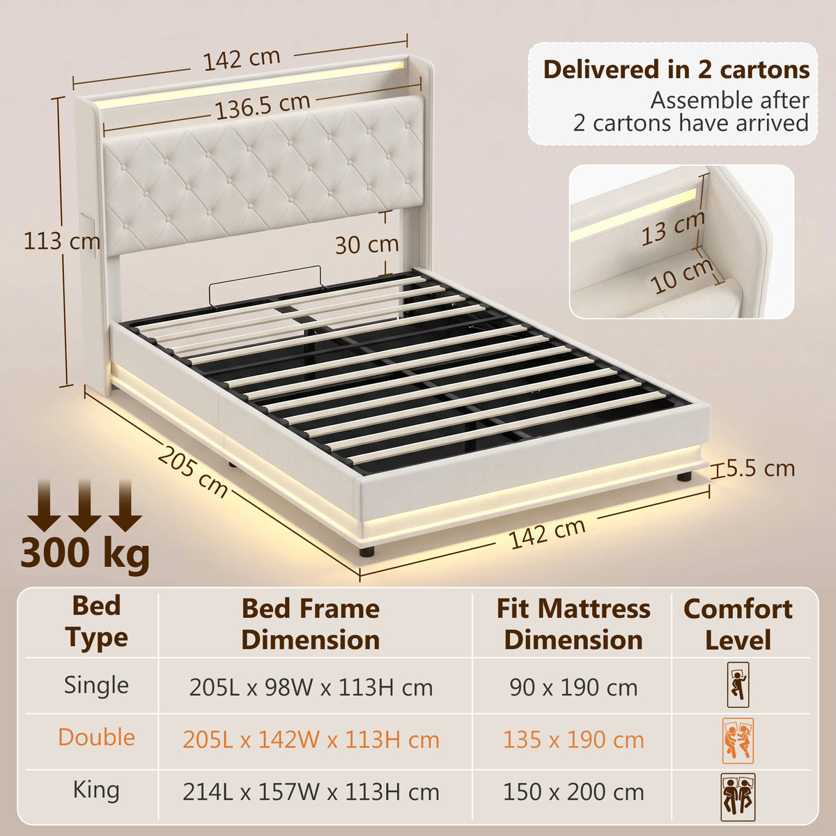 HOMCOM 4ft6 Double Bed Frame with Headboard, Platform Bed Frame with Hydraulic Storage, LED Lights and Charging Station, Cream