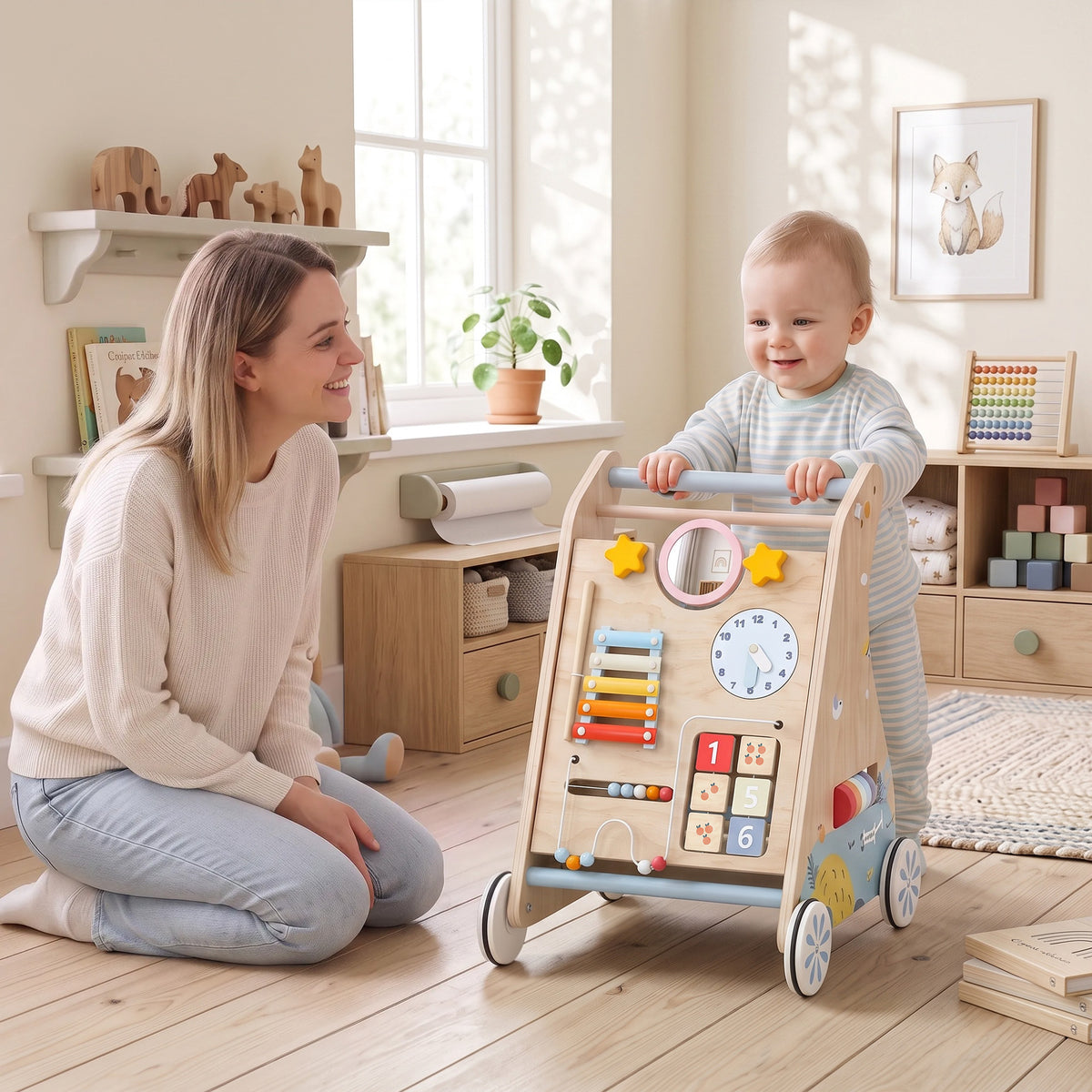 AIYAPLAY Wooden Baby Walker with Detachable Double-Sided Activity Board, Push Along Walker, Gift for Boys Girls 1-3 Years