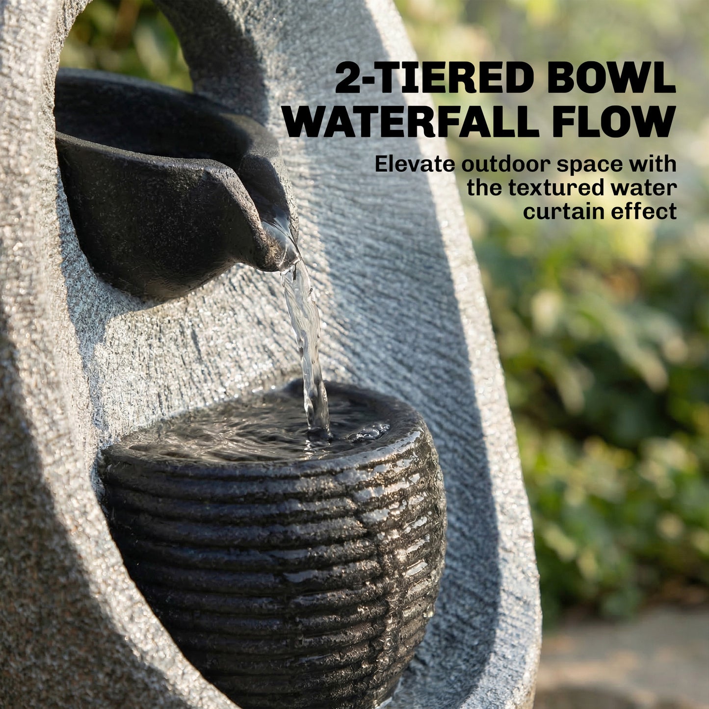 Outsunny Water Feature with 2-Tier Bowls, Garden Water Fountain with Pump and LED Lights, Resin Cascading Waterfall