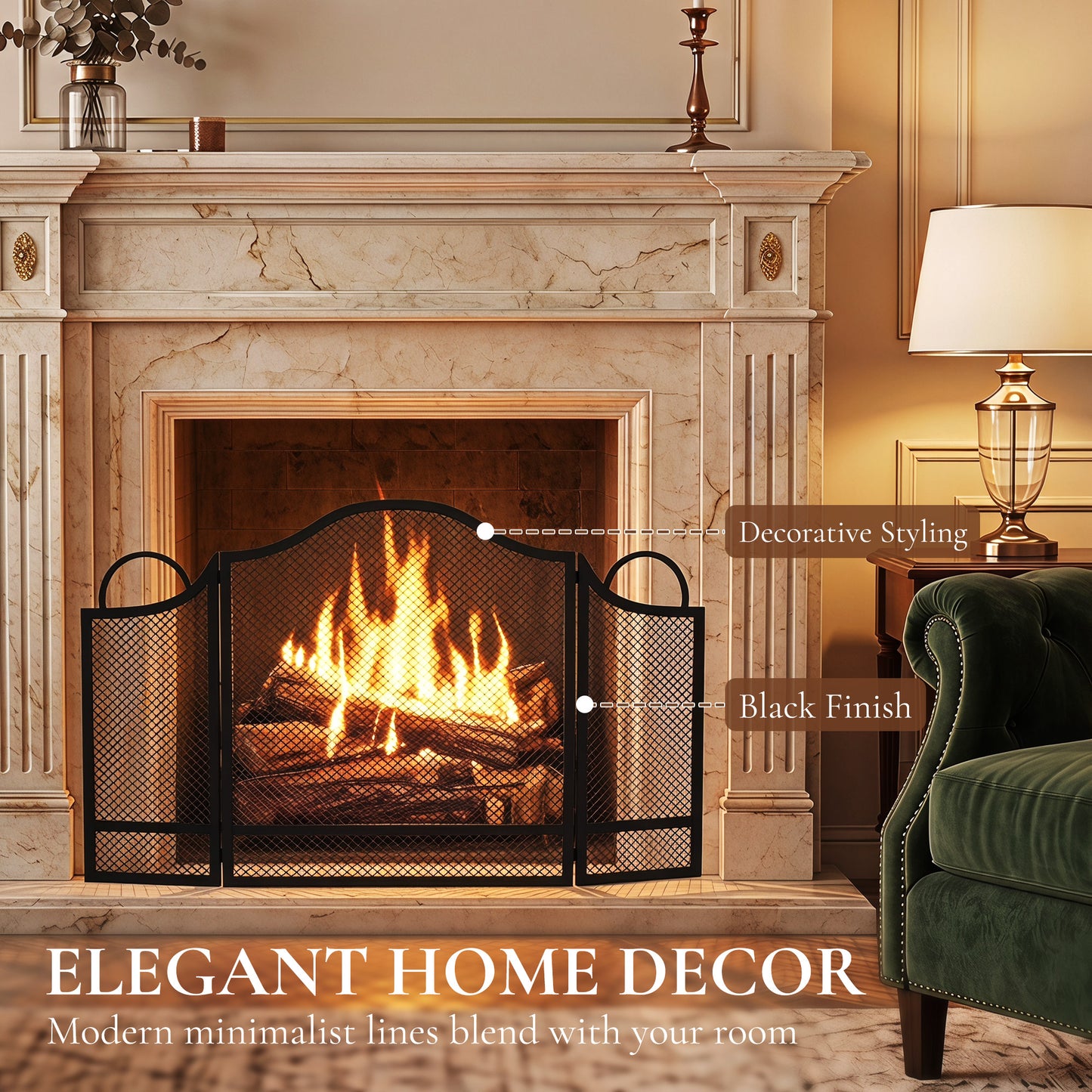 HOMCOM Floral 3-Panel Folding Fireplace Screen for Hearth Protection, Heat-Resistant Metal Fire Spark Guard, Black
