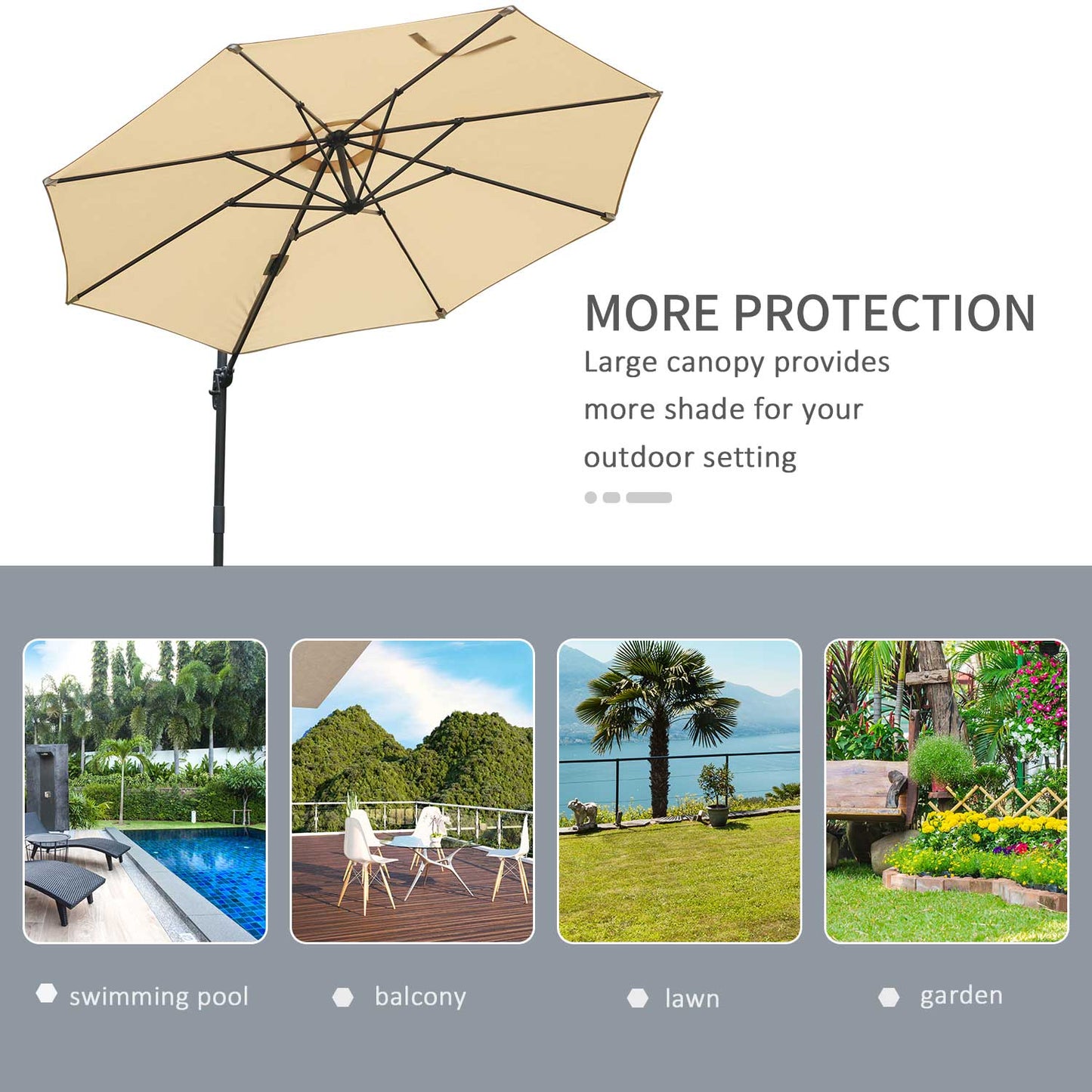 Outsunny Round Umbrella Parasol W/ Tilt 360Â° Rotation and Hand Crank Cross Base-Beige