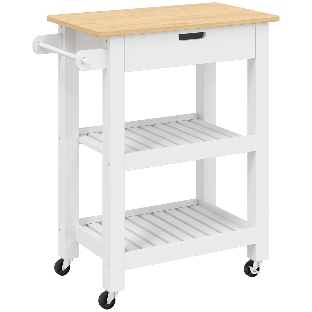 HOMCOM Kitchen Trolley Utility Cart on Wheels with Rubberwood Worktop, Towel Rack, Storage Shelves & Drawer for Dining Room Default Title
