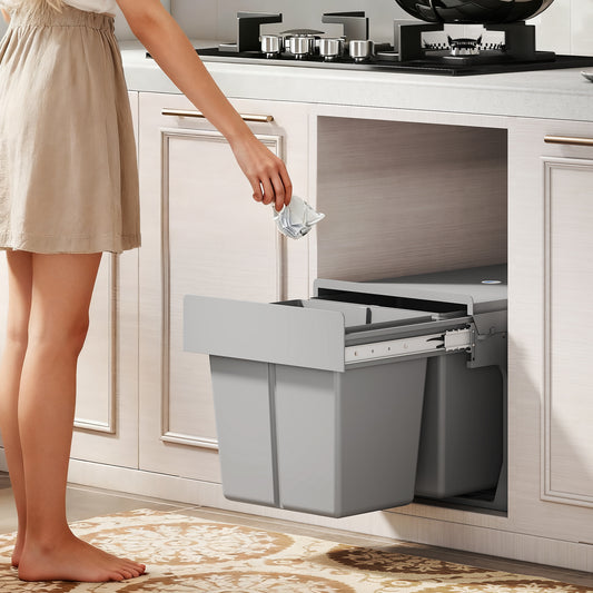 HOMCOM Pull Out Bin, Under Sink Bin - 2 Removable Compartments (15L Each) for 400mm Cabinets, Light Grey