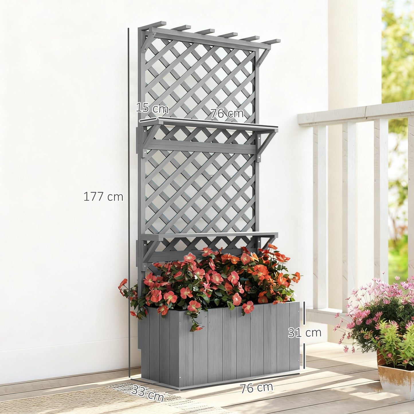 Outsunny 52L Wooden Planter with Trellis, Freestanding Raised Bed for Garden with Hanging Roof, Shelves, Drainage Holes and Bed Liner, Outdoor Planter Box for Climbing Plants Vegetables Flowers, Grey