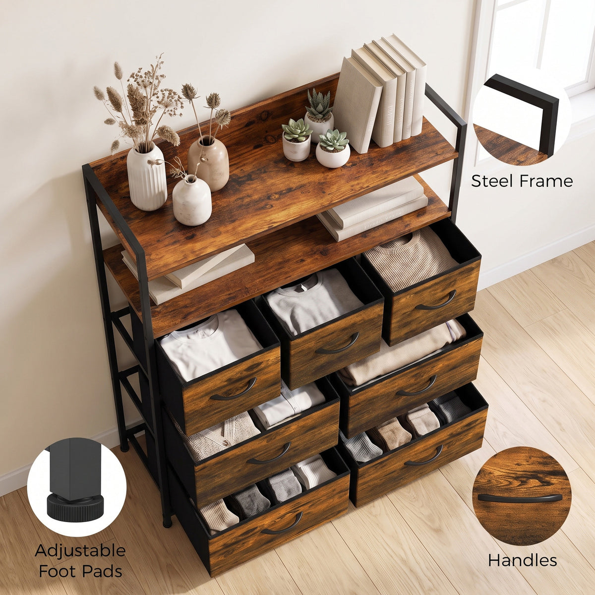 HOMCOM Chest of Drawers, Bedroom Fabric Dresser with 7 Drawers, Storage Organiser Unit with Open Shelves, Rustic Brown