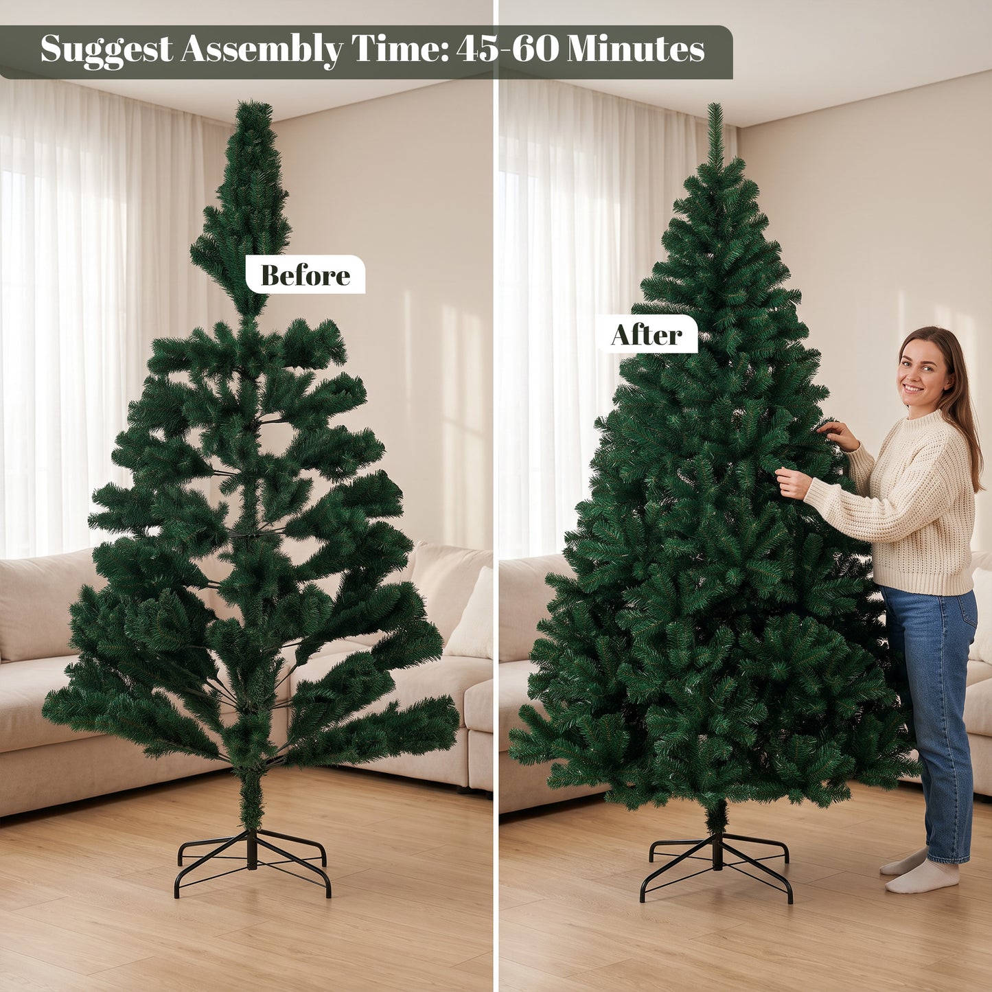 HOMCOM 7ft Artificial Christmas Tree, Fir Hinged Xmas Tree with 1100 Branch Tips, Foldable Steel Stand, Green