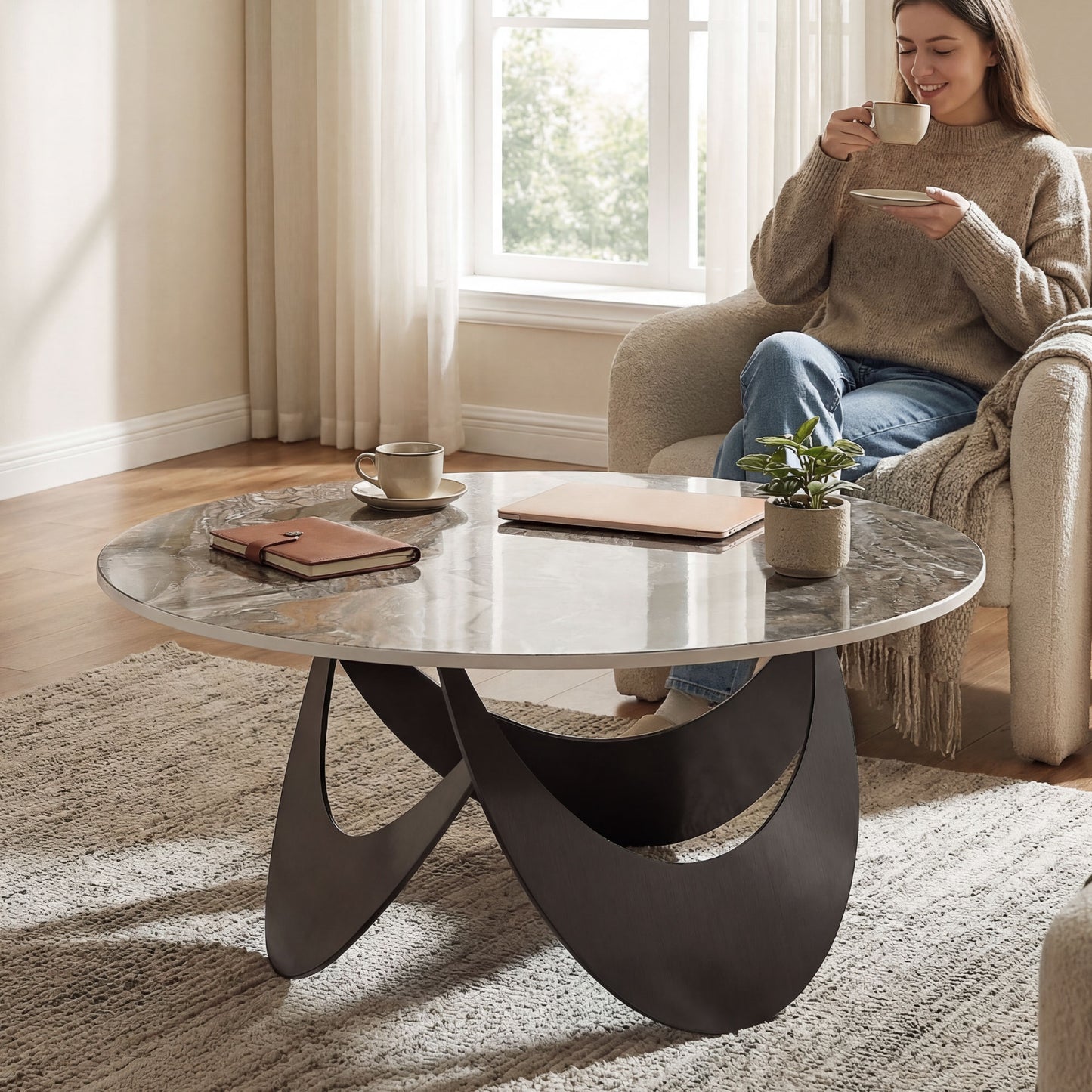 HOMCOM Coffee Table Sintered Stone Top Adjustable Foot Pads Modern Centre Table for Living Room Brown and Black