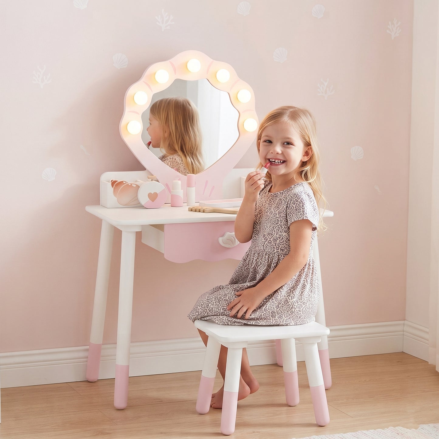 AIYAPLAY Kids Vanity Set, Kids Dressing Table with Chair, Acrylic Mirror, Lighted Bulbs, 7-Piece Accessories, for 3-8 Years, Pink