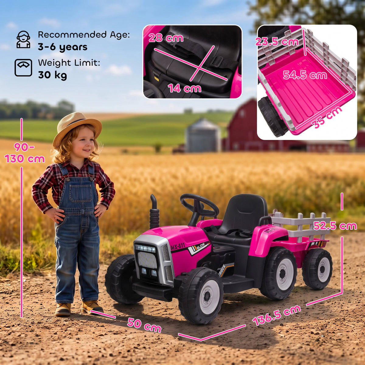 HOMCOM 12V Kids Ride on Tractor with Detachable Trailer, Remote, Soft Start, Seat Belt, Music, USB, Horn, Lights for 3-6, Pink