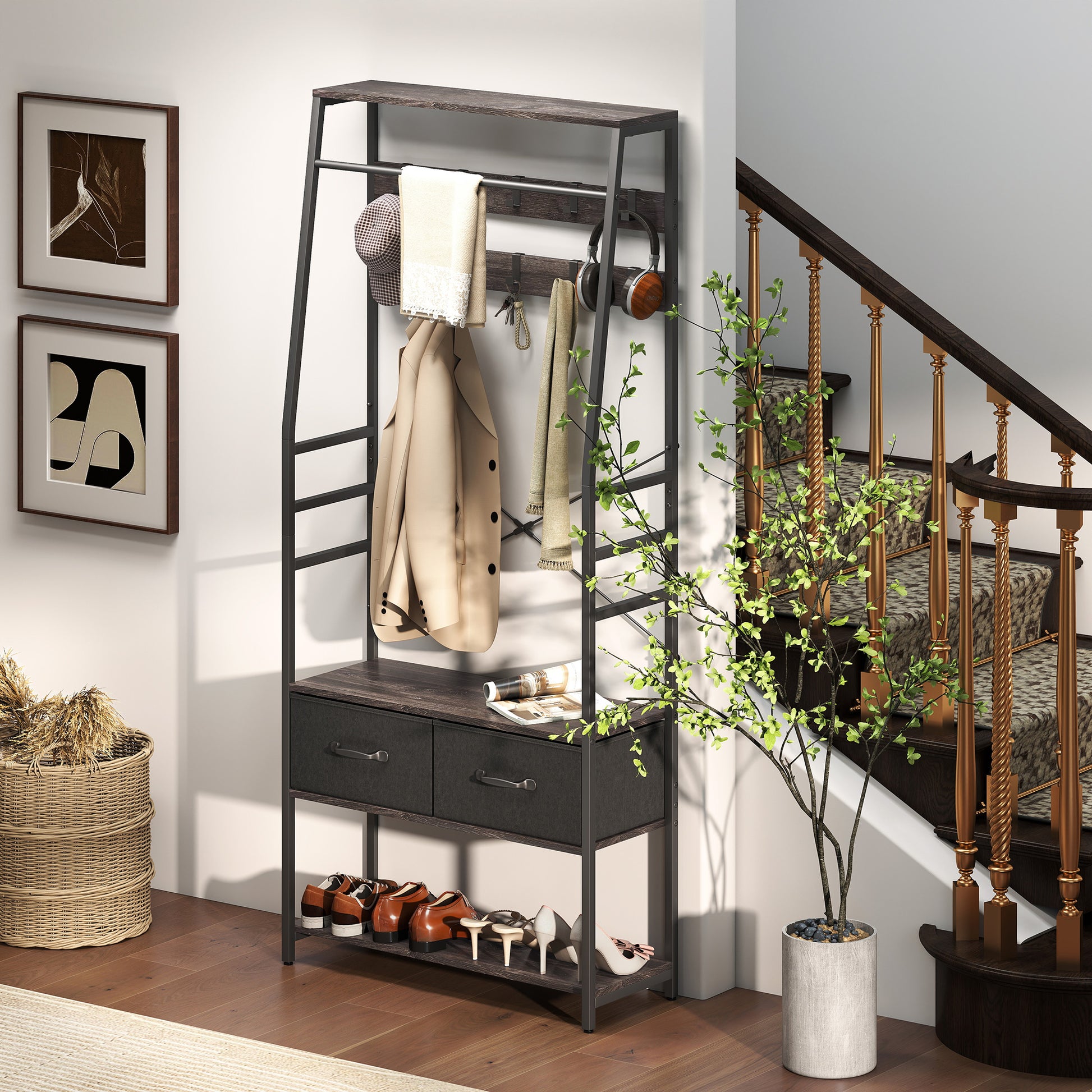HOMCOM Coat Rack with Shoe Storage, Hall Tree, Industrial Coat Stand with Shoe Bench, 10 Removable Hooks, 2 Fabric Drawers and Clothes Rail for Entryway, Hallway, Grey
