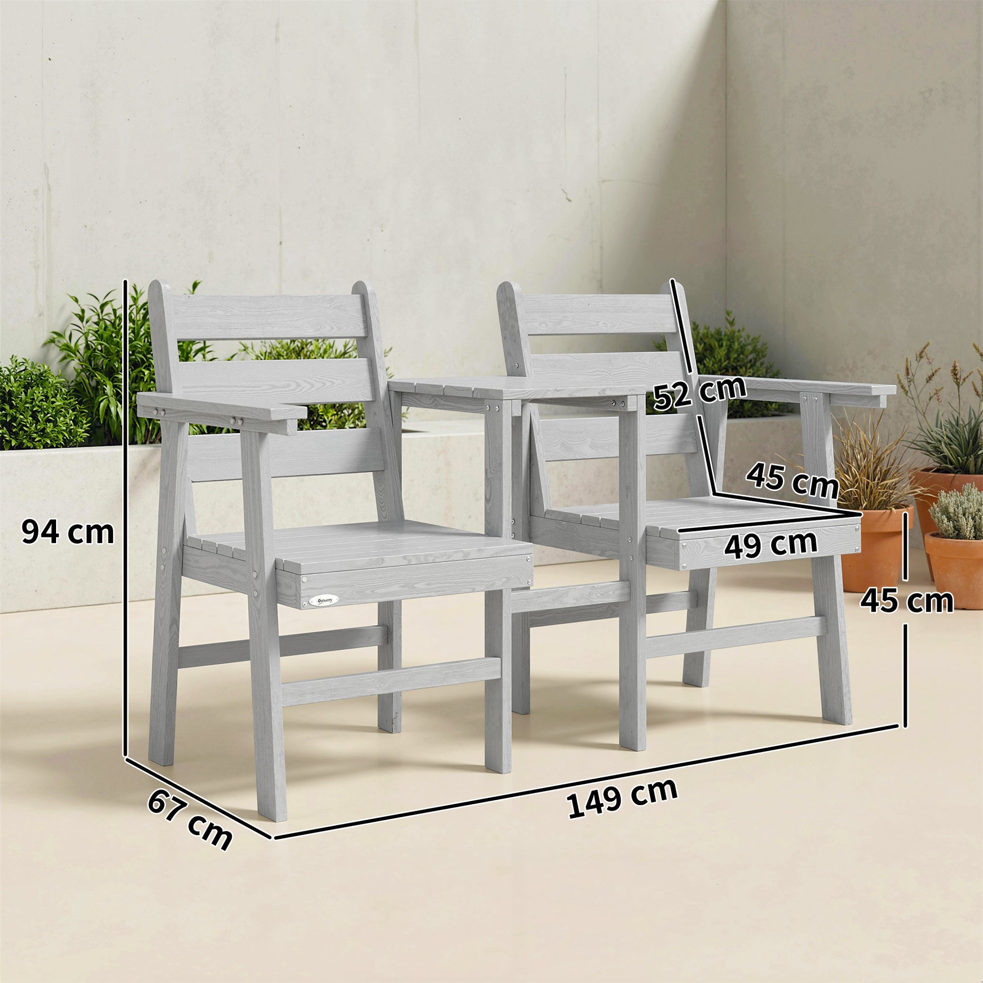 Outsunny Outdoor Garden Loveseat, Embossed Wooden Jack and Jill Garden Seat with Integrated Table, Grey
