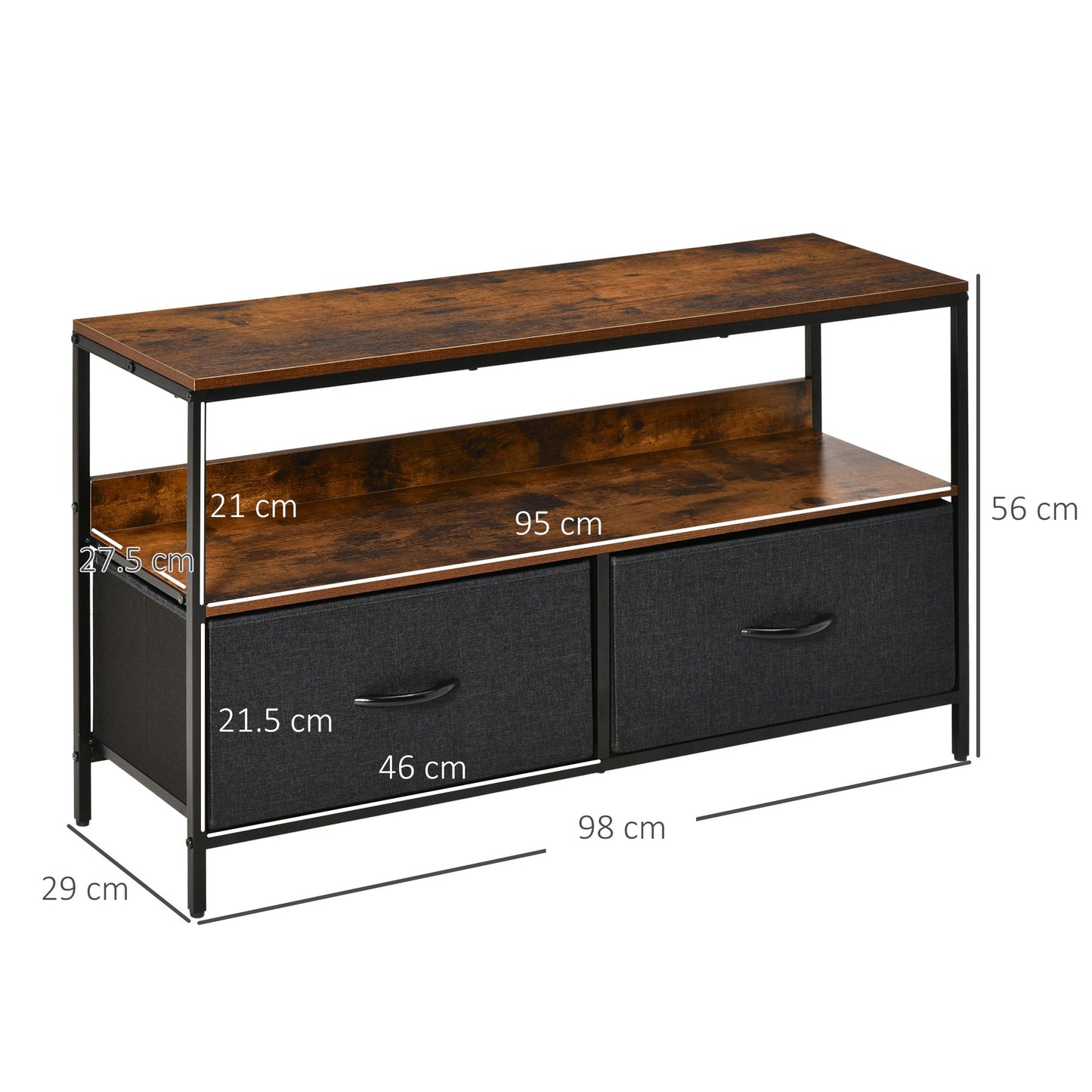 HOMCOM TV Stand Cabinet with 2 Foldable Drawers - Rustic Brown