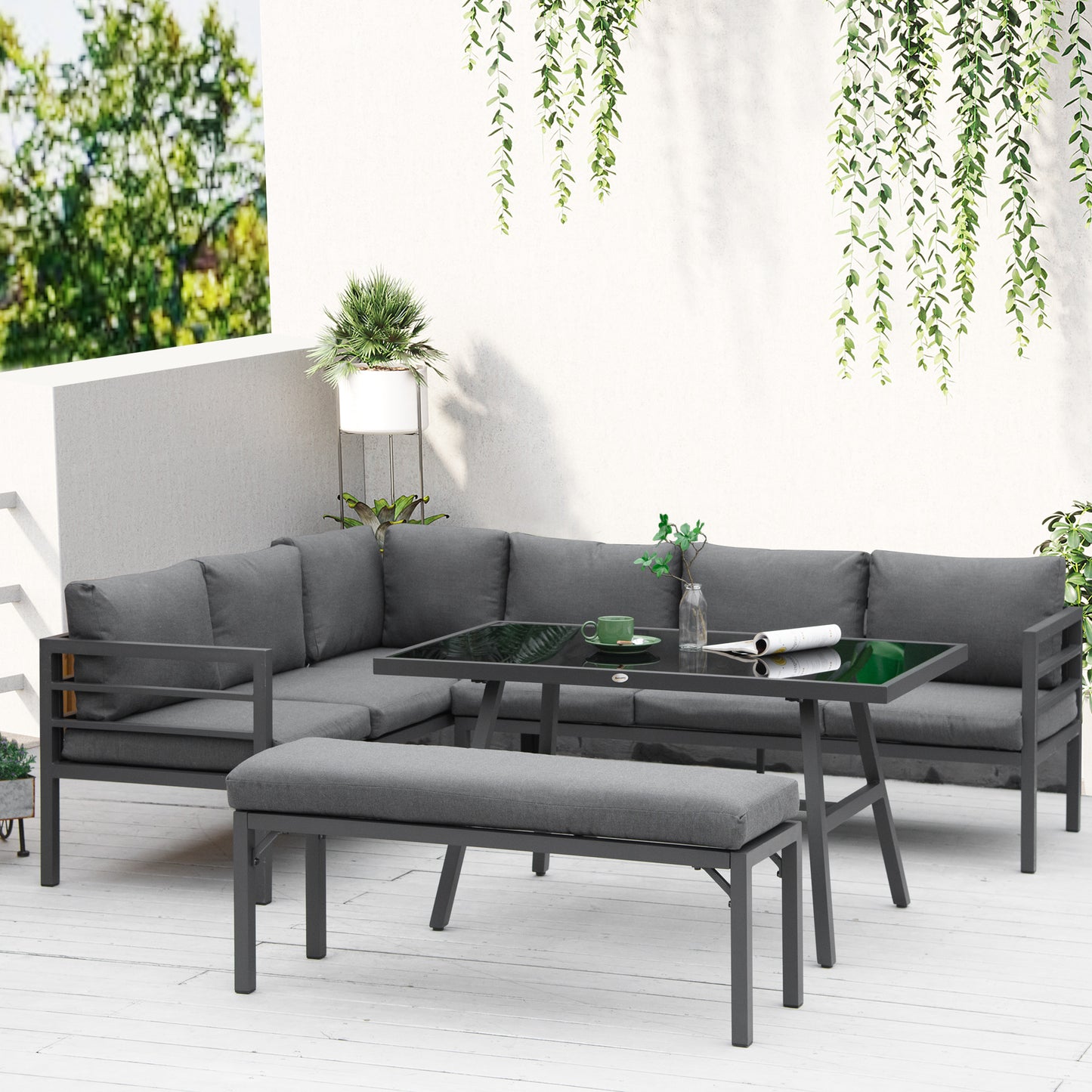 Outsunny 4 Piece L-shaped Garden Furniture Set 8-Seater Aluminium Outdoor Dining Set Conversation Sofa Set w/ Bench, Dining Table & Cushions,Â Grey