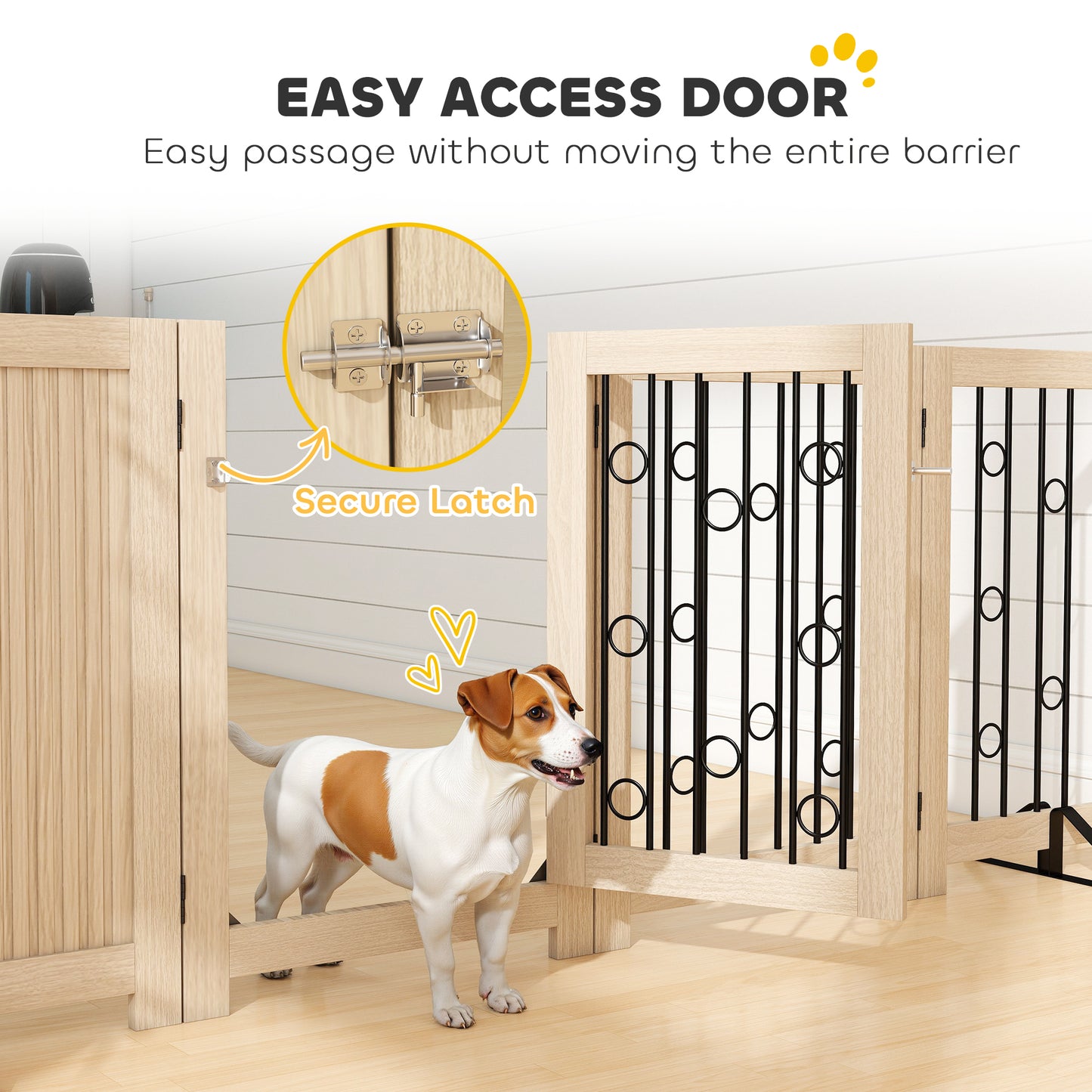 PawHut 4 Panel Freestanding Pet Gate, Indoor Dog Barrier with Lockable Door, Support Feet, 360Â° Flexible Hinges, Oak