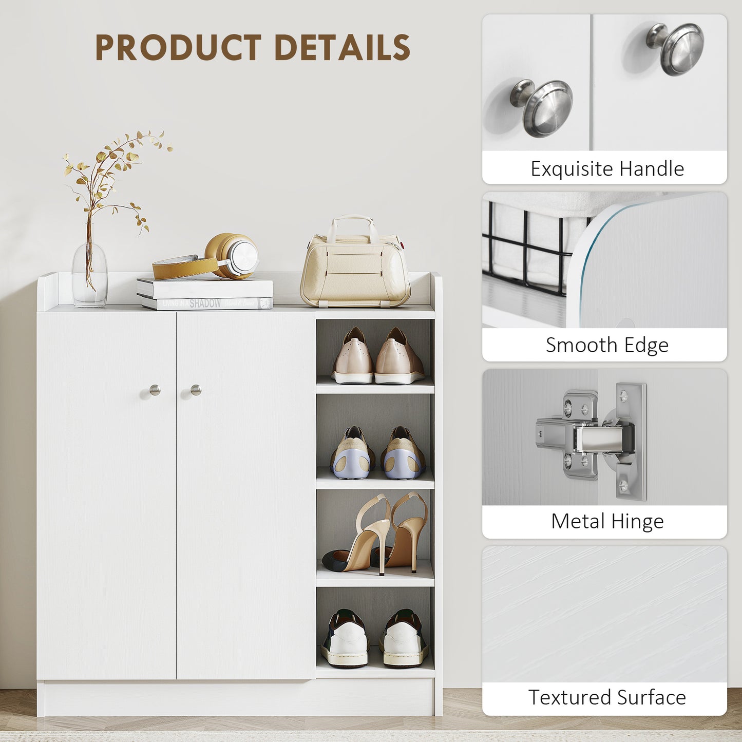 HOMCOM Shoe Storage Cabinet  Two Doors w/ Adjustable 4 Shelves Cupboard Footwear Rack Stand Organiser Hallway White