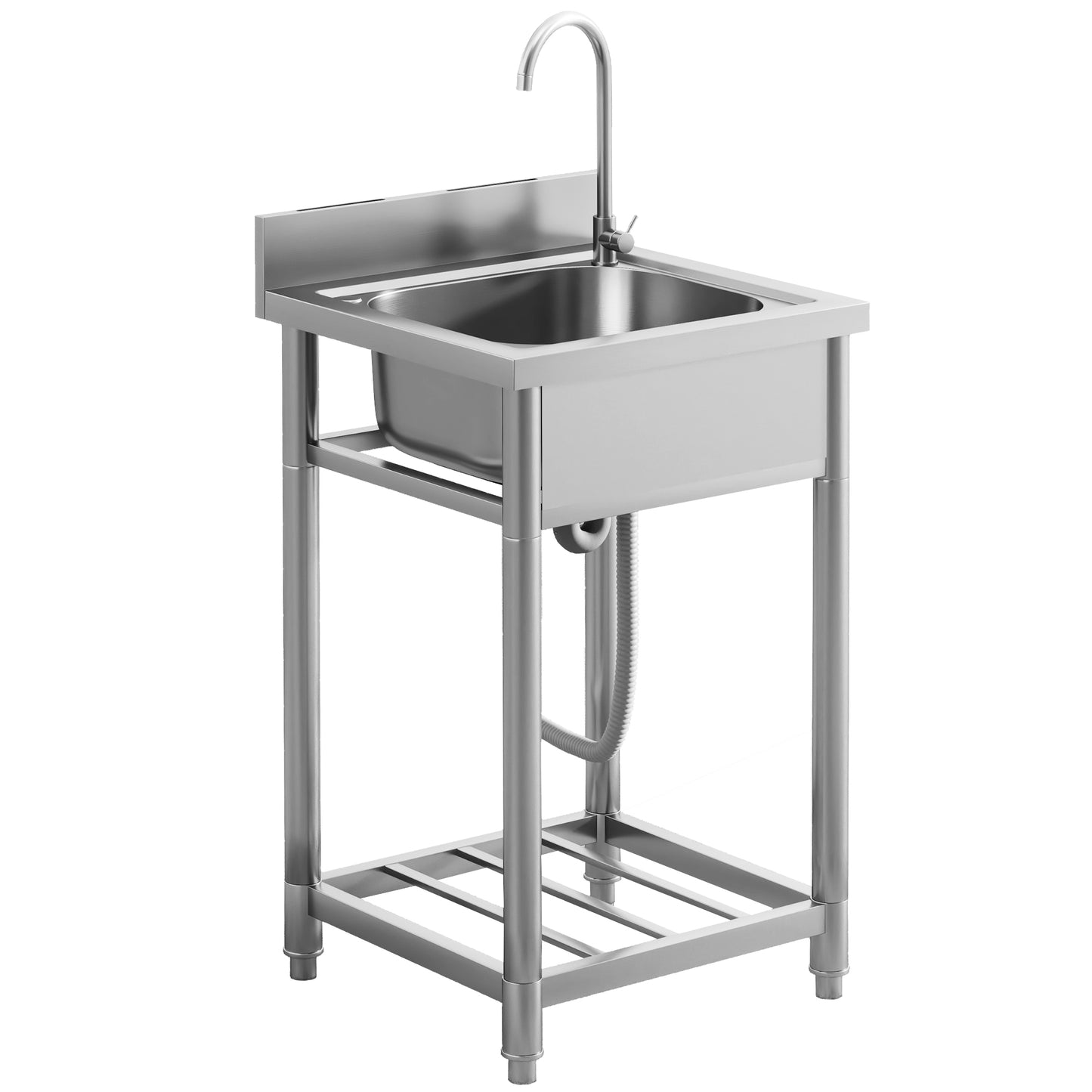 HOMCOM Outdoor Utility Sink, Stainless Steel Free Standing Single Bowl Kitchen Sink with Cold and Hot Water Pipe and Storage Shelf for Laundry Garage, 55 x 50 x 100 cm Default Title