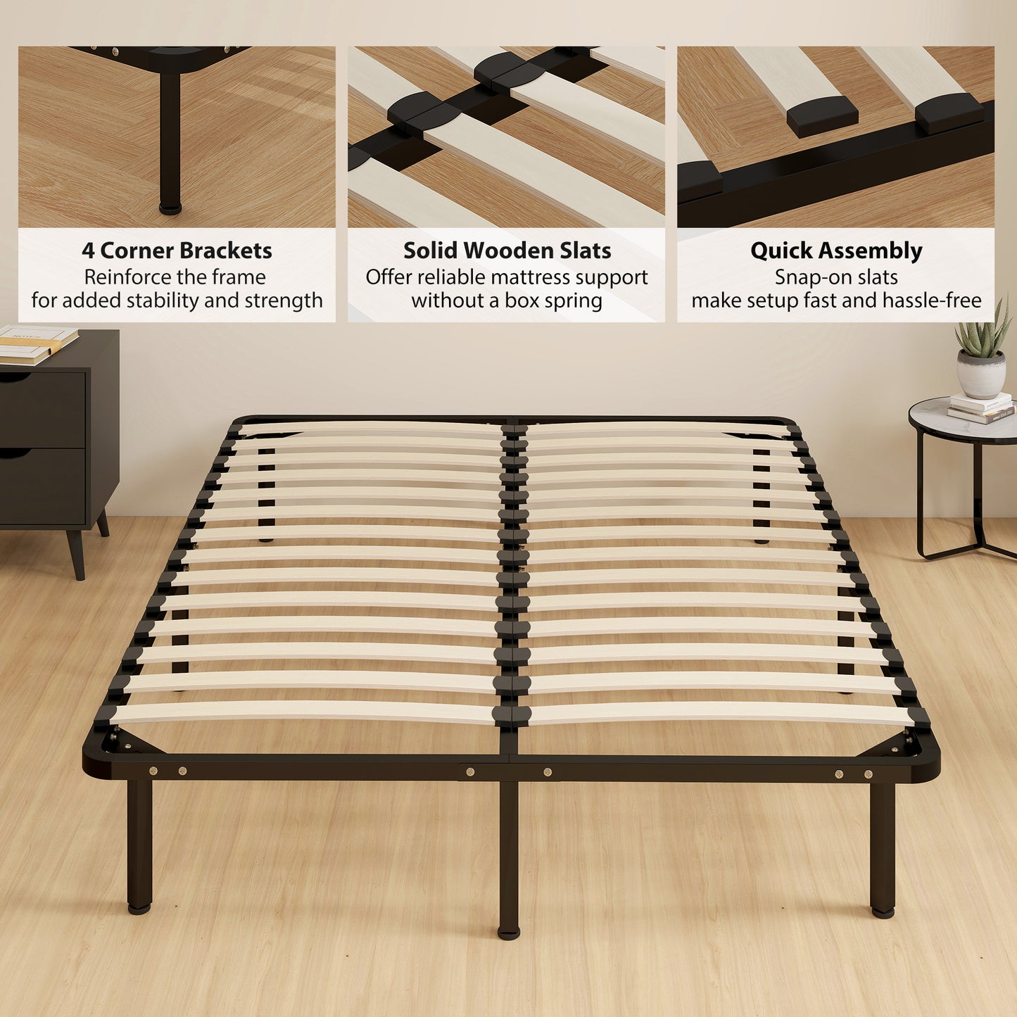 HOMCOM 4ft6 Double Bed Frame, Metal Platform Bed Frame with 2 x 14 Wood Slats, No Box Spring Needed, Underbed Storage, Black