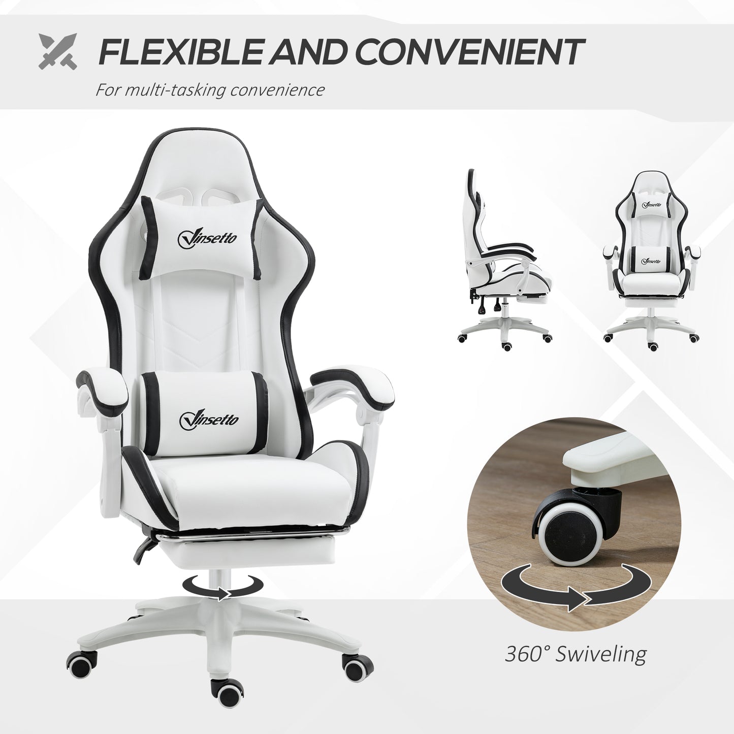 Vinsetto Computer Gaming Chair, PU Leather Office Desk Chair with Footrest, Swivel Wheels, 135Â° Reclining Back, Lumbar Support, Headrest for Home, White and Black