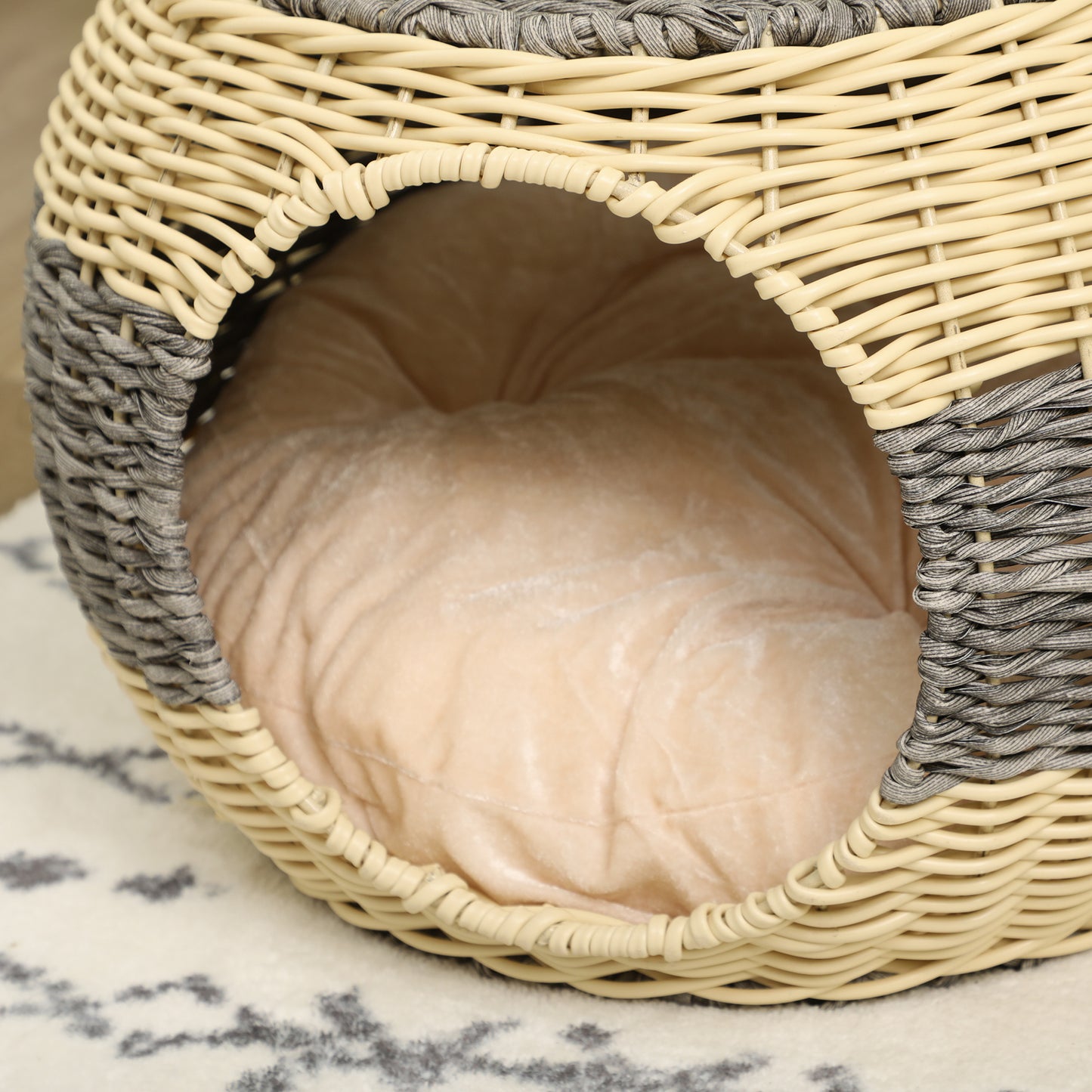 PawHut Wicker Cat House, Rattan Raised Cat Bed, Cosy Kitten Cave with Soft Washable Cushion, Î¦40 x 30cm