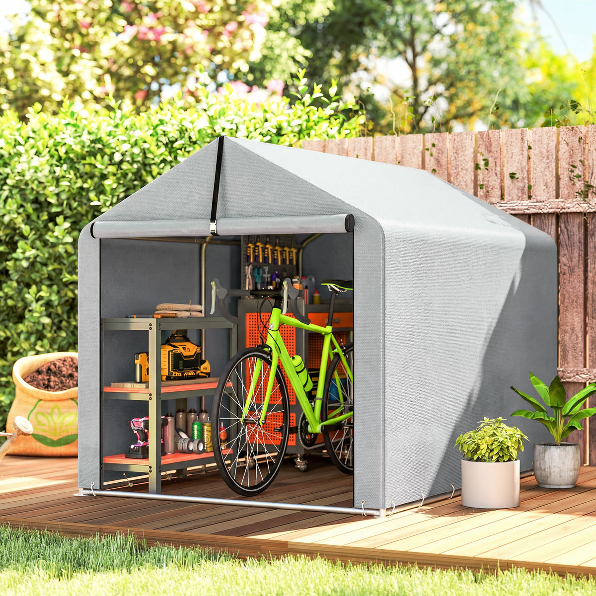 Outsunny 1.6 x 2.2m Garden Shed Tent, Waterproof Outdoor Storage Tent, Roll-up Zipper Door Galvanised Steel Frame, Light Grey