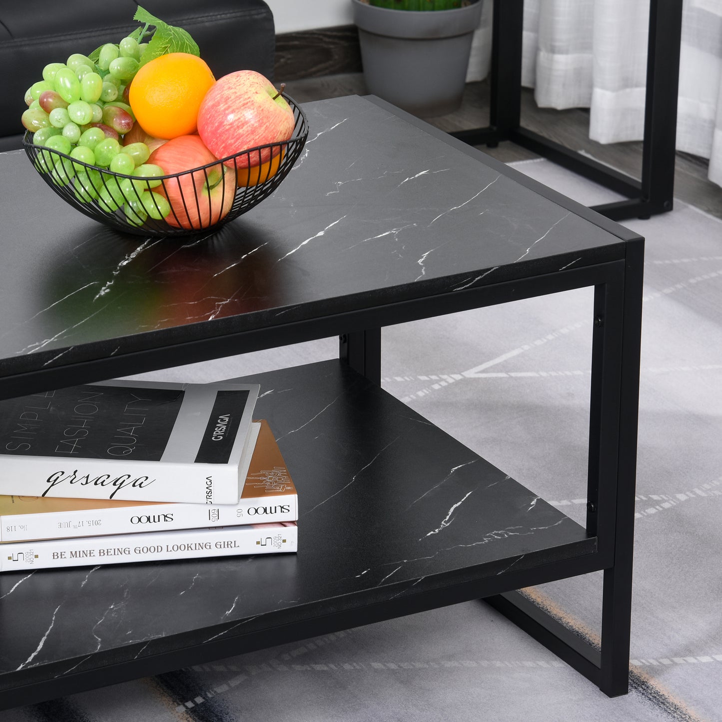 HOMCOM Coffee Table, Two-Tier Faux Marble Effect Centre Table with Metal Frame and Storage Shelf for Living Room, 106 x 50 x 45cm, Black