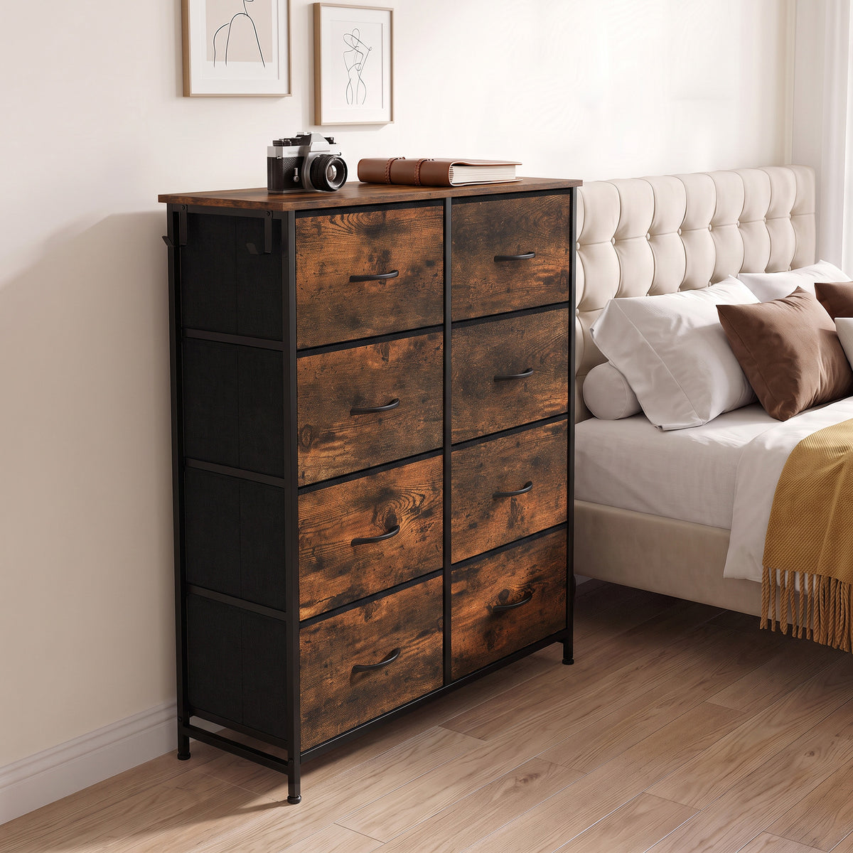 HOMCOM Chest of Drawers, Dresser for Bedroom with 8 Fabric Drawers, Tall Storage Unit w/ Side Storage Bag, Rustic Brown