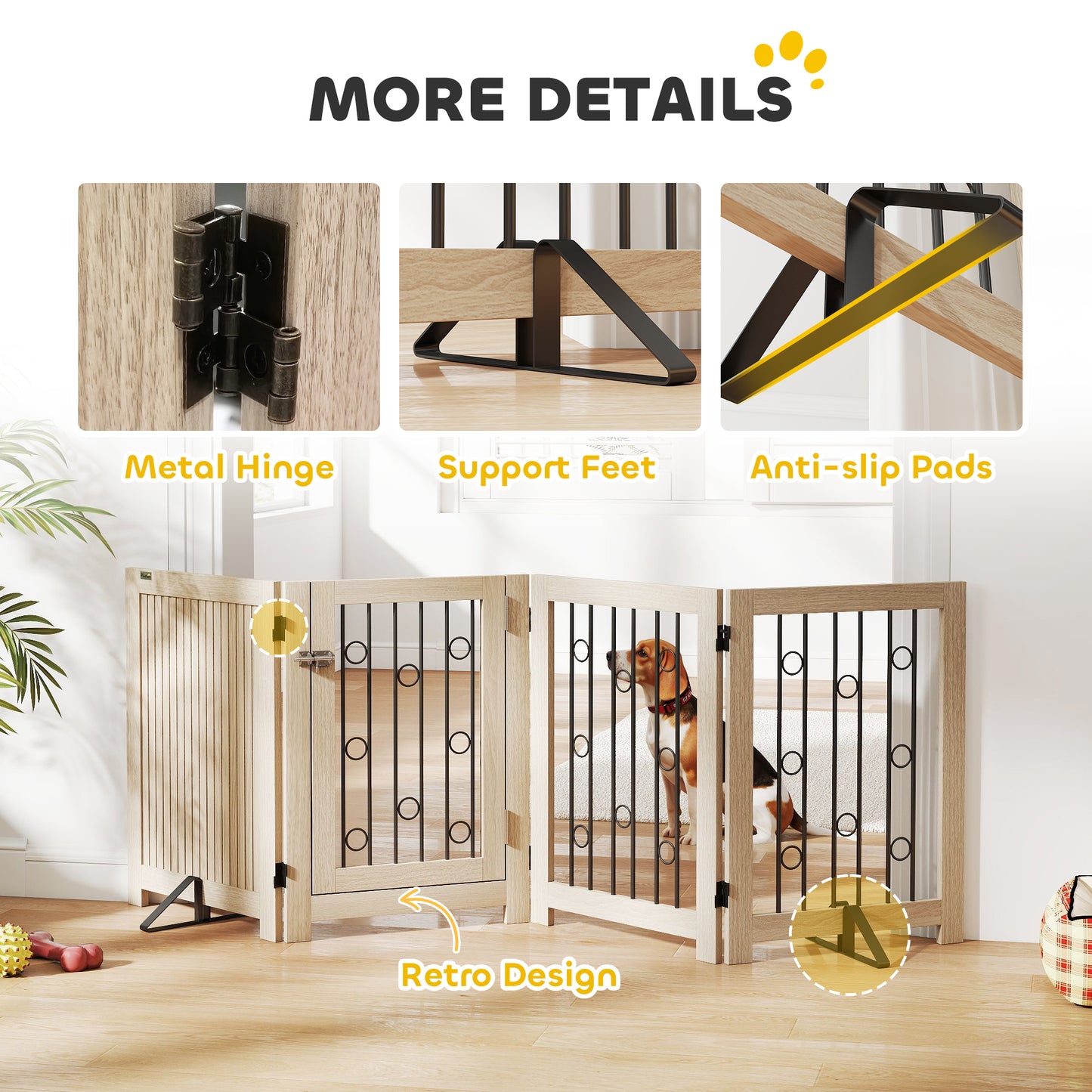 PawHut 4 Panel Freestanding Pet Gate, Indoor Dog Barrier with Lockable Door, Support Feet, 360Â° Flexible Hinges, Oak
