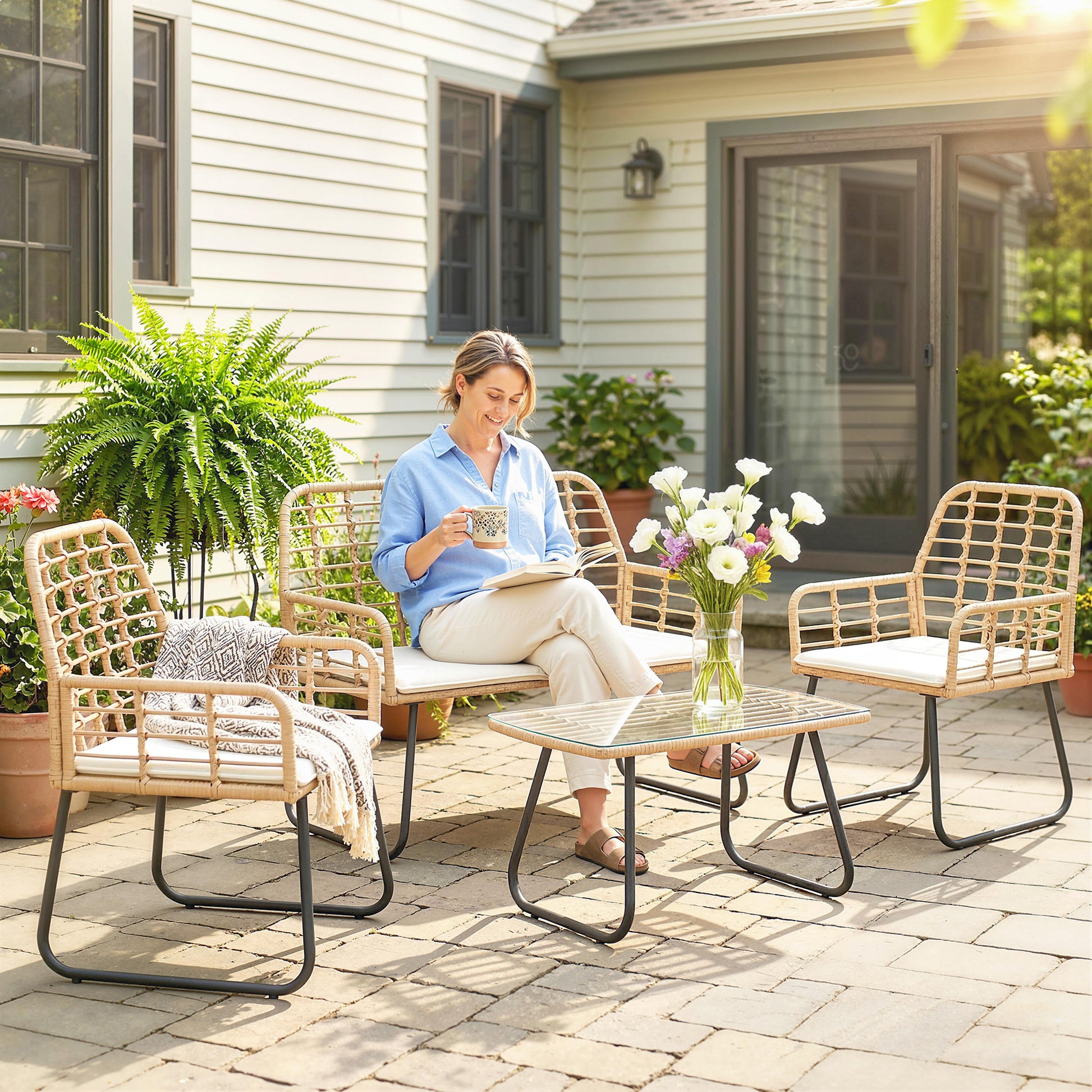 Outsunny 4 Piece Rattan Garden Furniture Set, Outdoor Patio Furniture with Loveseat, Armchairs and Coffee Table