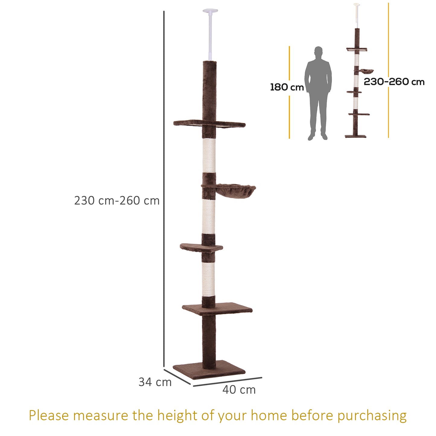 PawHut Floor to Ceiling Cat Tree Height Adjustable 230-260cm, 5-Tier Cat Tower with Scratching Post, Hammock, Perches, Climbing Activity Centre for Indoor Kittens, Brown