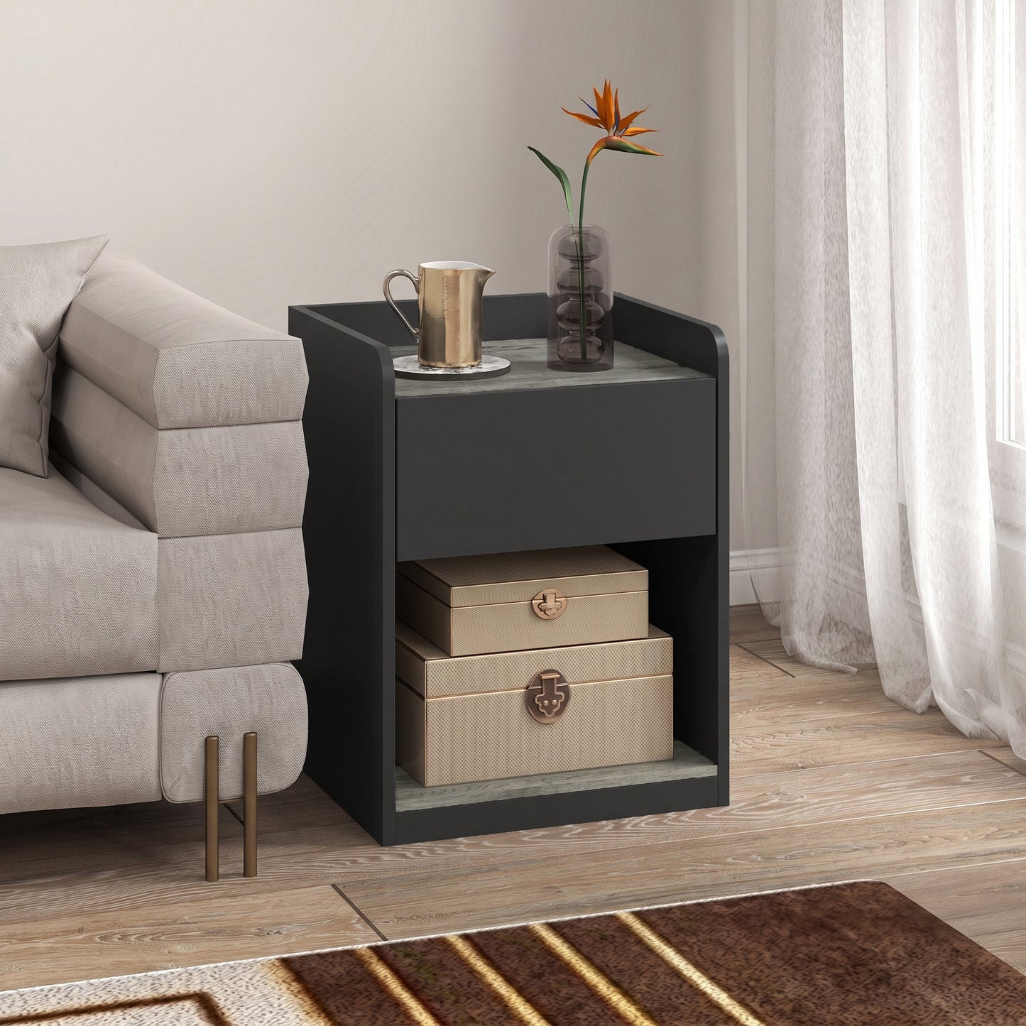 HOMCOM Modern Bedside Table, Slim Nightstand with Drawer, Shelf and Cable Holes, Black and Grey Wood Effect
