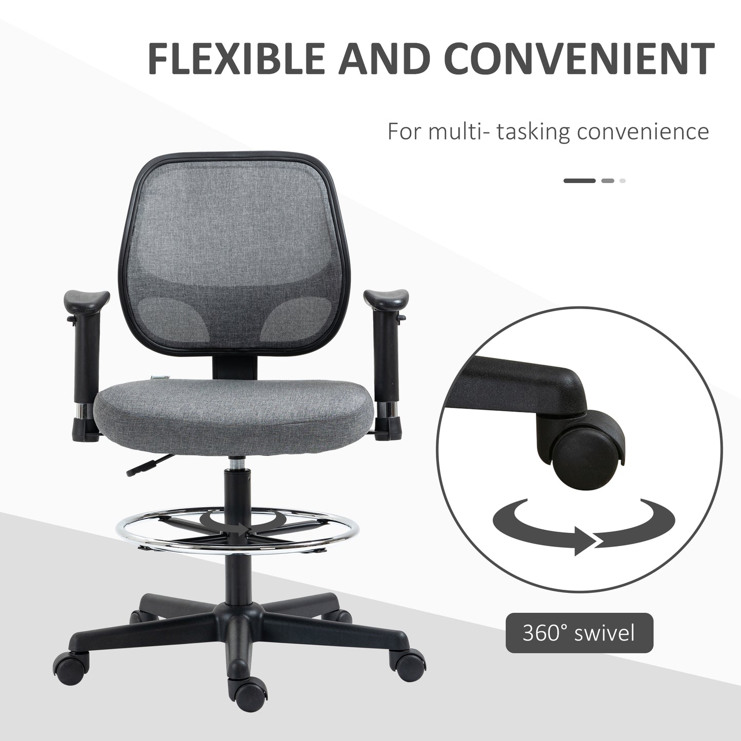 Vinsetto Drafting Chair, Fabric Office Chair, Ergonomic Painting Chair with Height Armrest Adjustable and Foot Ring, 360Â° Swivel Stool Chair for Standing Desk, Grey