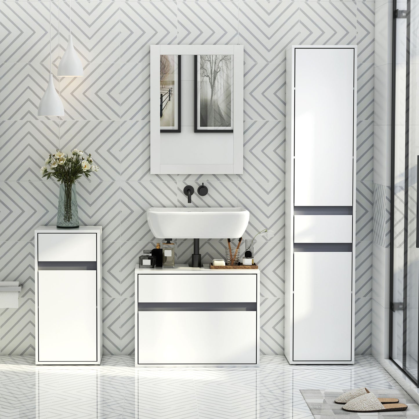 HOMCOM MDF Tri-Compartment Bathroom Storage Cabinet White